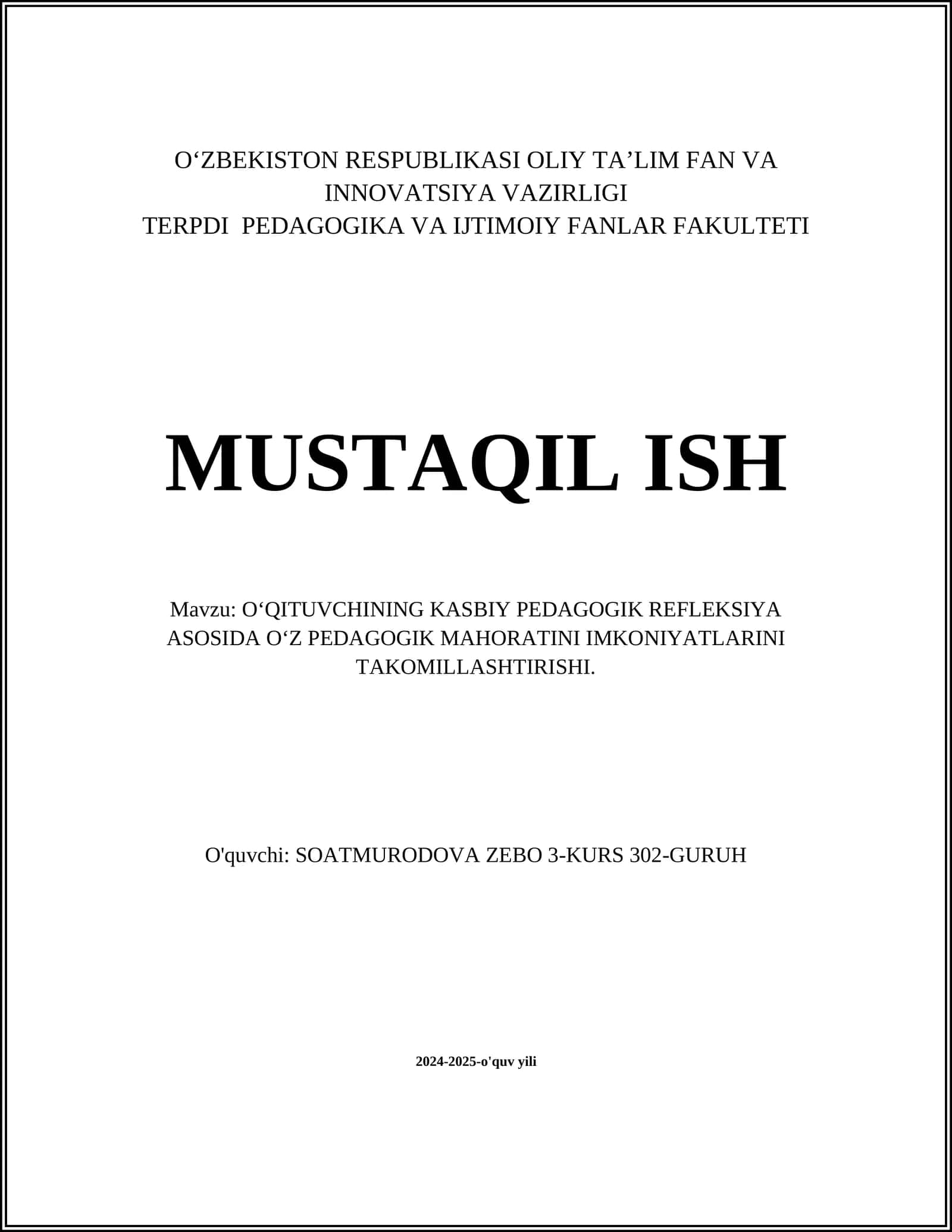 OʻQITUVCHINING KASBIY PEDAGOGIK REFLEKSIYA