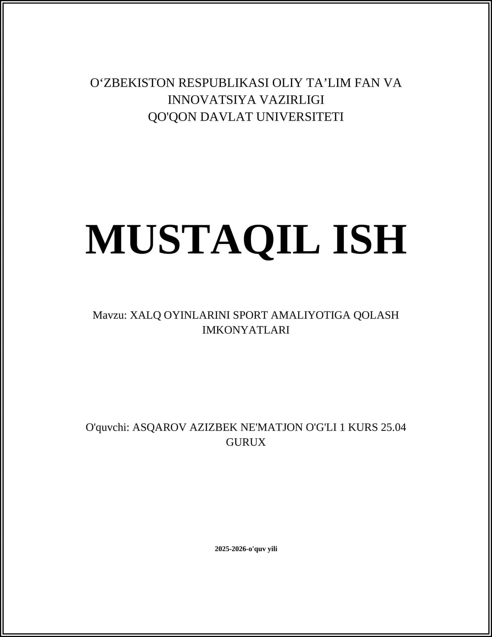 XALQ OYINLARINI SPORT AMALIYOTIGA QOLASH IMKONYATLARI