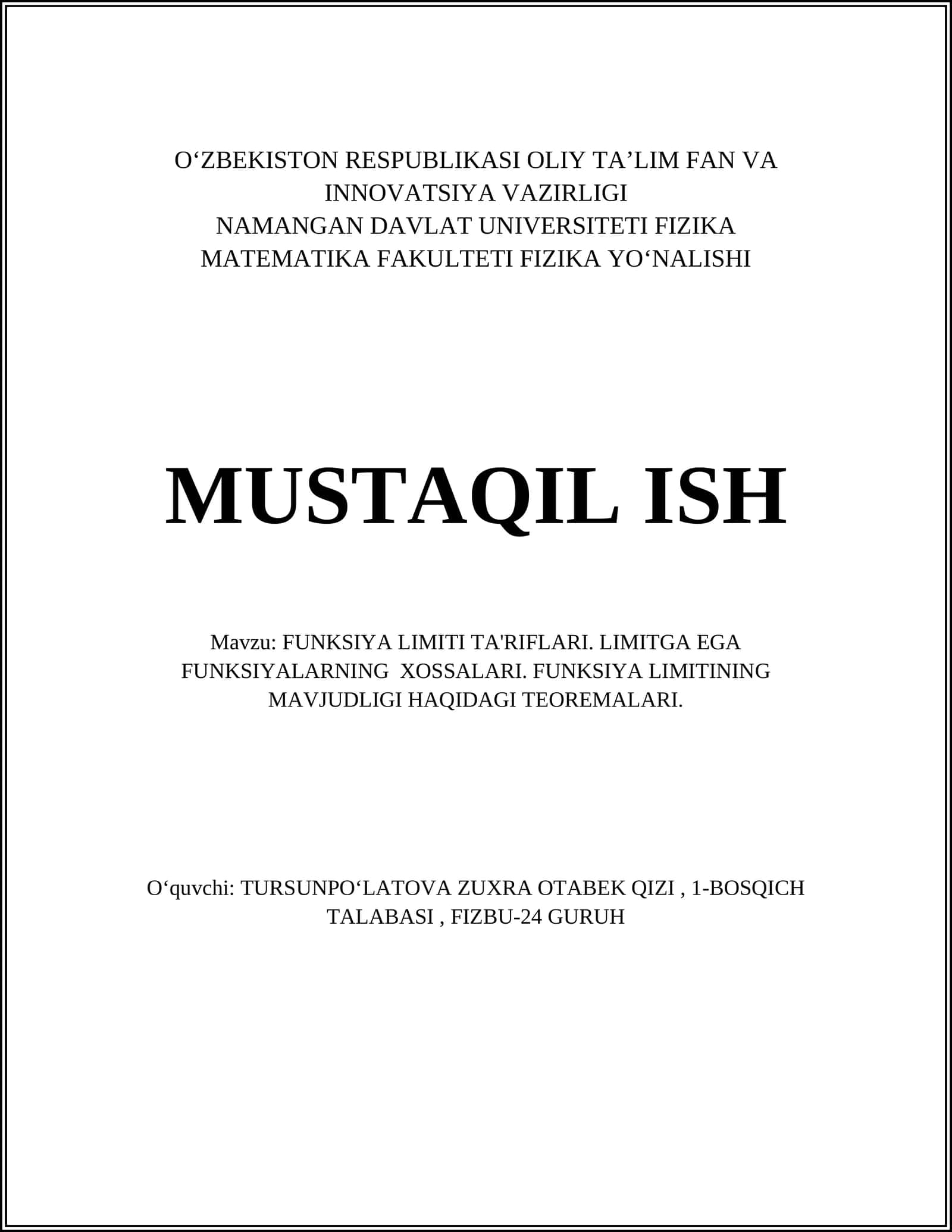 FUNKSIYA LIMITINING TUSHUNCHASI VA MAVZUDLARI