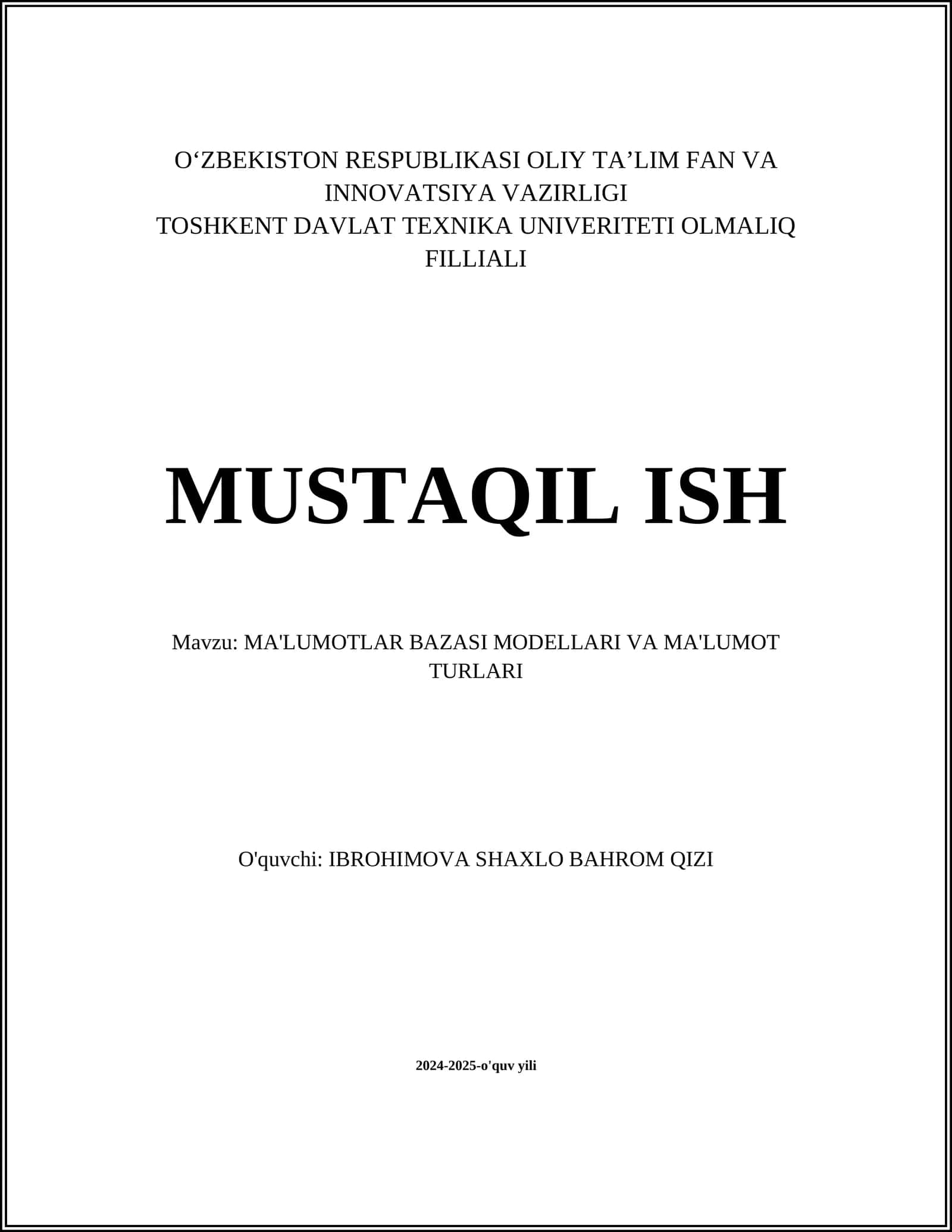 MA'LUMOTLAR BAZASI MODELLARI VA MA'LUMOT TURLARI