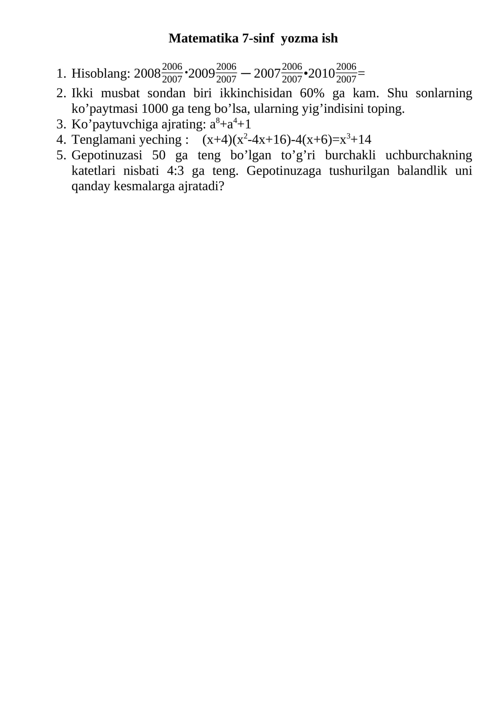 Matematika 7-sinf yozma ish