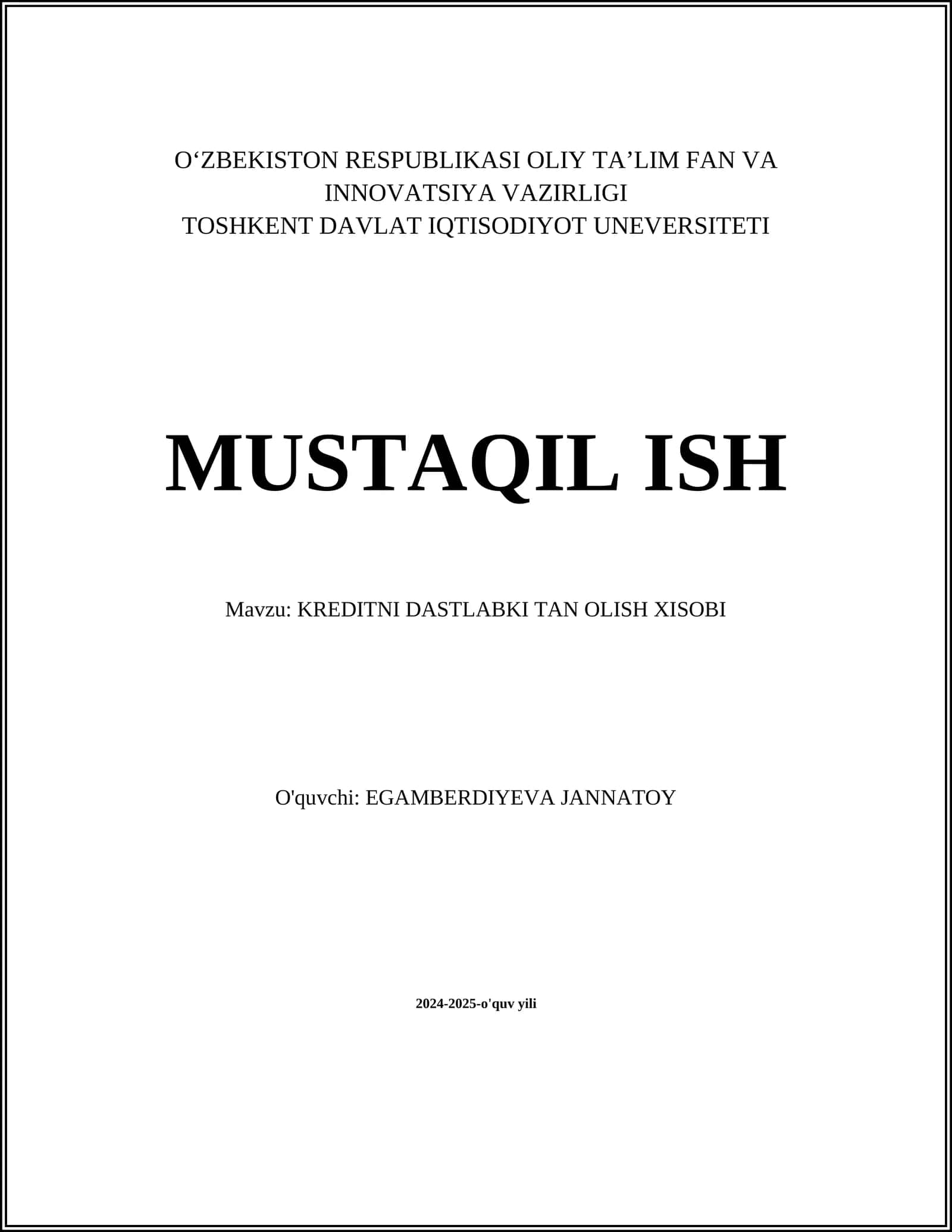 KREDITNI DASTLABKI TAN OLISH XISOBI