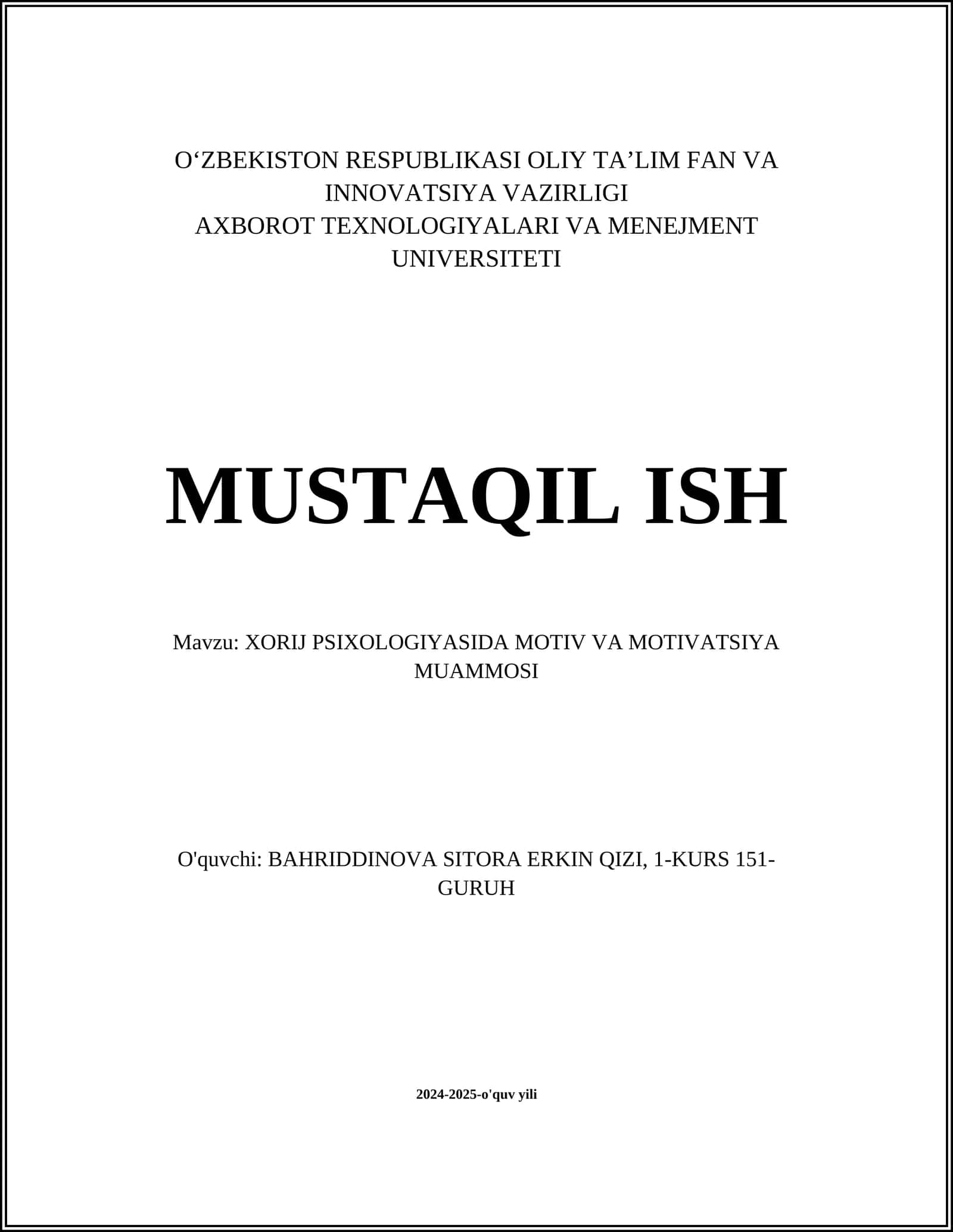 XORIJ PSIXOLOGIYASIDA MOTIV VA MOTIVATSIYA MUAMMOSI
