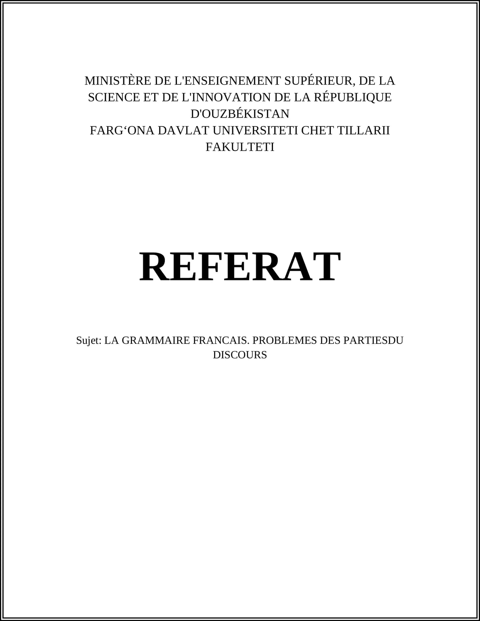 LA GRAMMAIRE FRANCAIS. PROBLEMES DES PARTIESDU DISCOURS