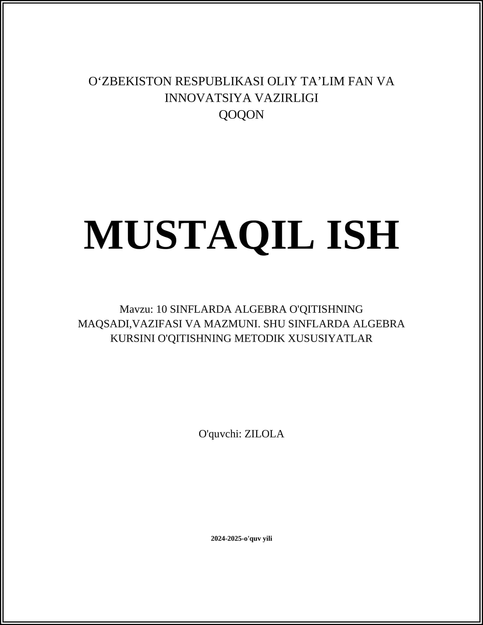 10 SINFLARDA ALGEBRA O'QITISHNING MAQSADI,VAZIFASI VA MAZMUNI