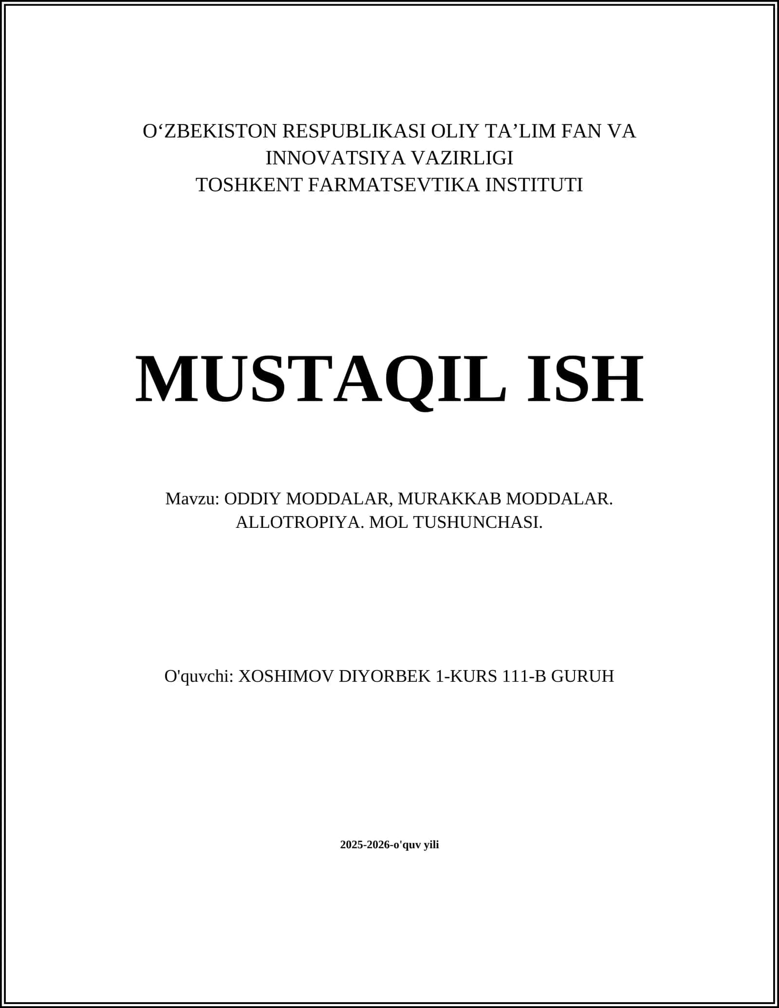 ODDIY MODDALAR, MURAKKAB MODDALAR. ALLOTROPIYA. MOL TUSHUNCHASI