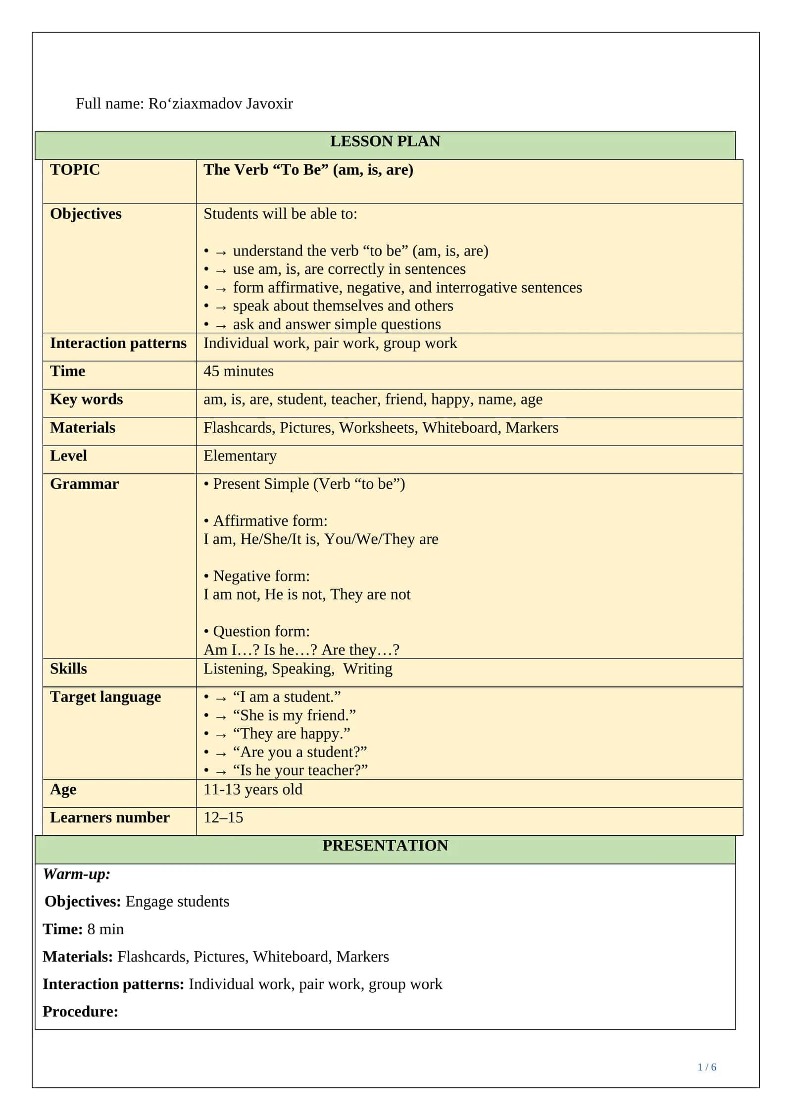 Lesson plan ESP The Verb “To Be”