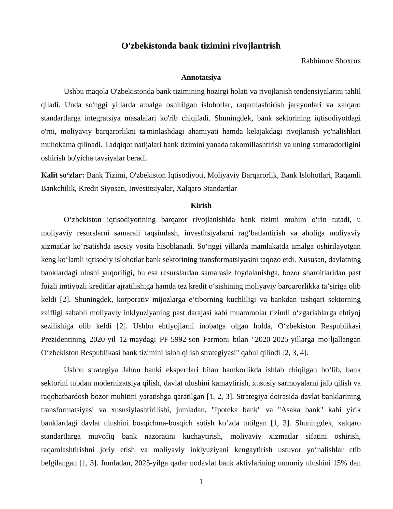 O'zbekistonda bank tizimini rivojlantrish