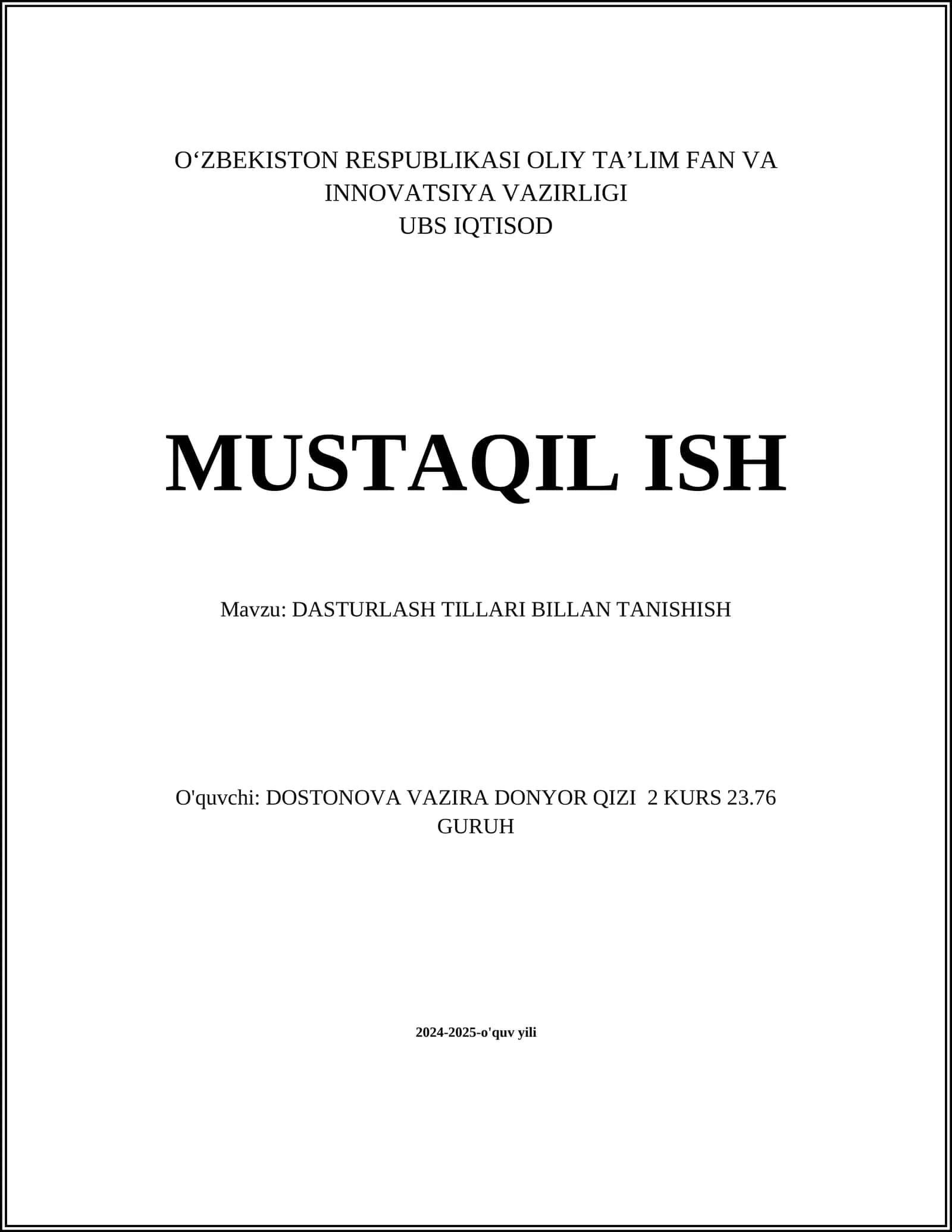DASTURLASH TILLARI BILLAN TANISHISH
