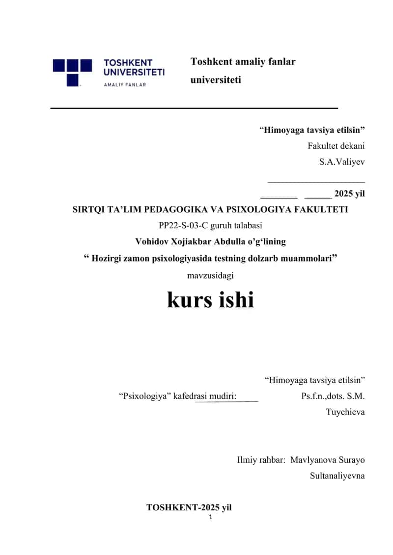 Hozirgi zamon psixologiyasida testning dolzarb muammolari.