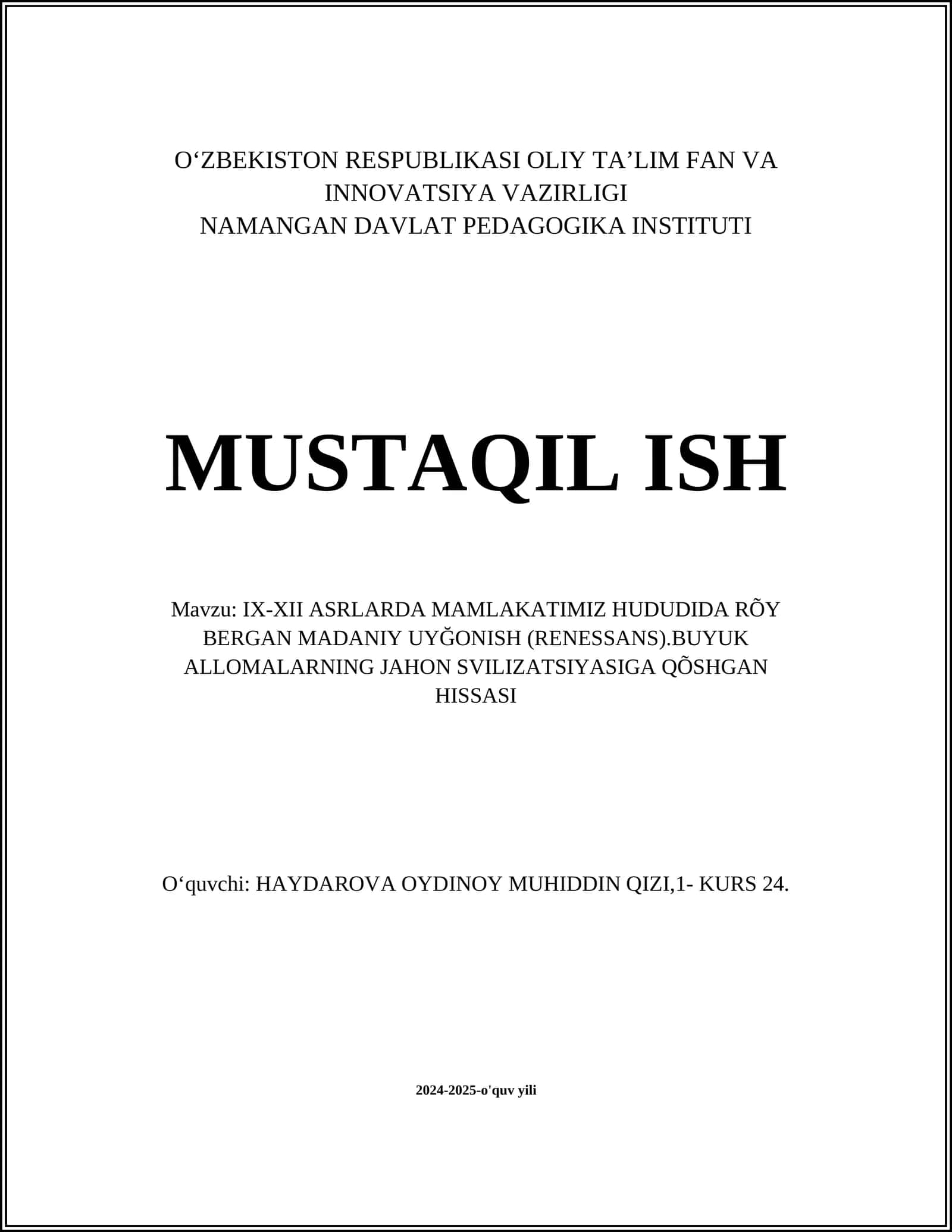 IX-XII ASRLARDA MAMLAKATIMIZ HUDUDIDA RÕY BERGAN MADANIY UYĞONISH (RENESSANS)