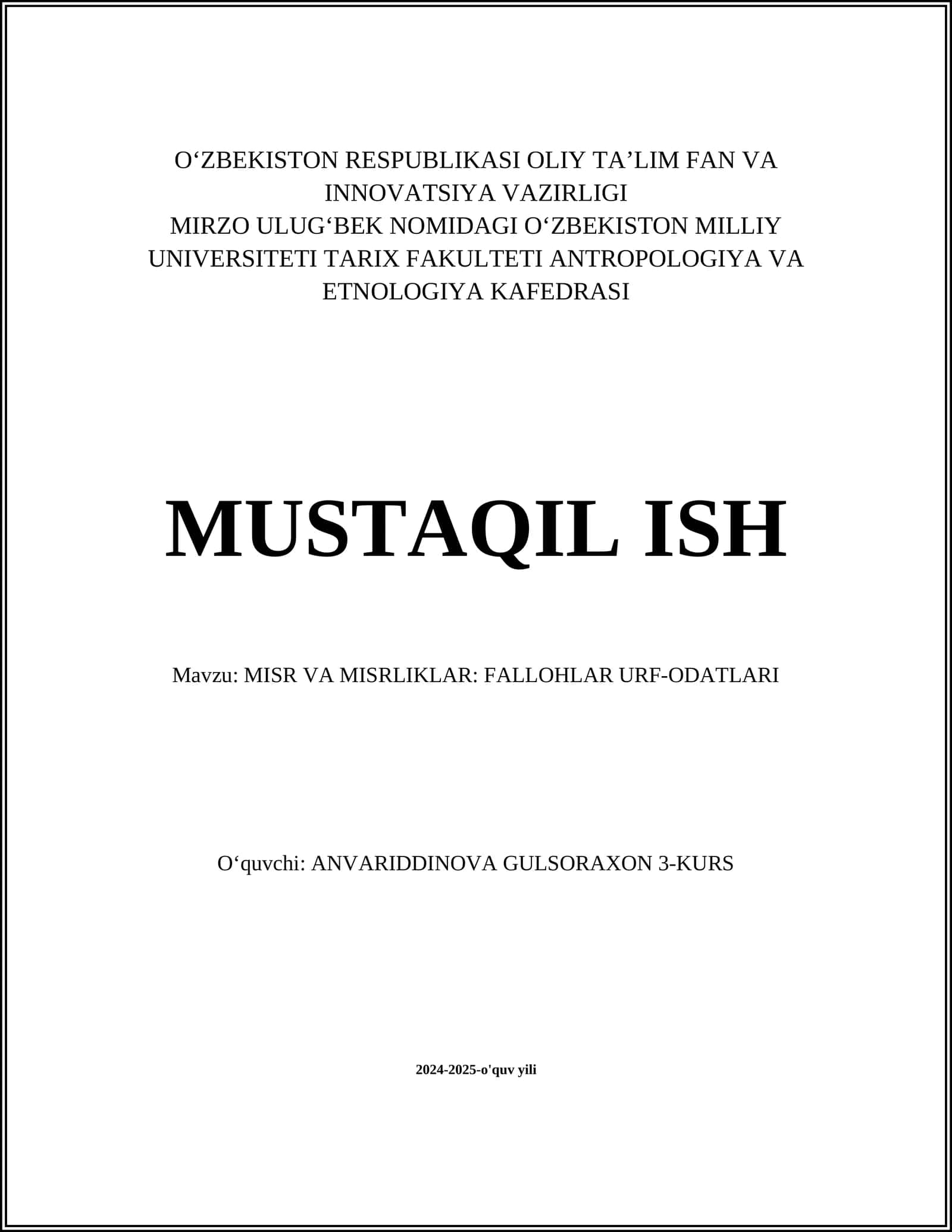 MISR VA MISRLIKLAR: FALLOHLAR URF-ODATLARI