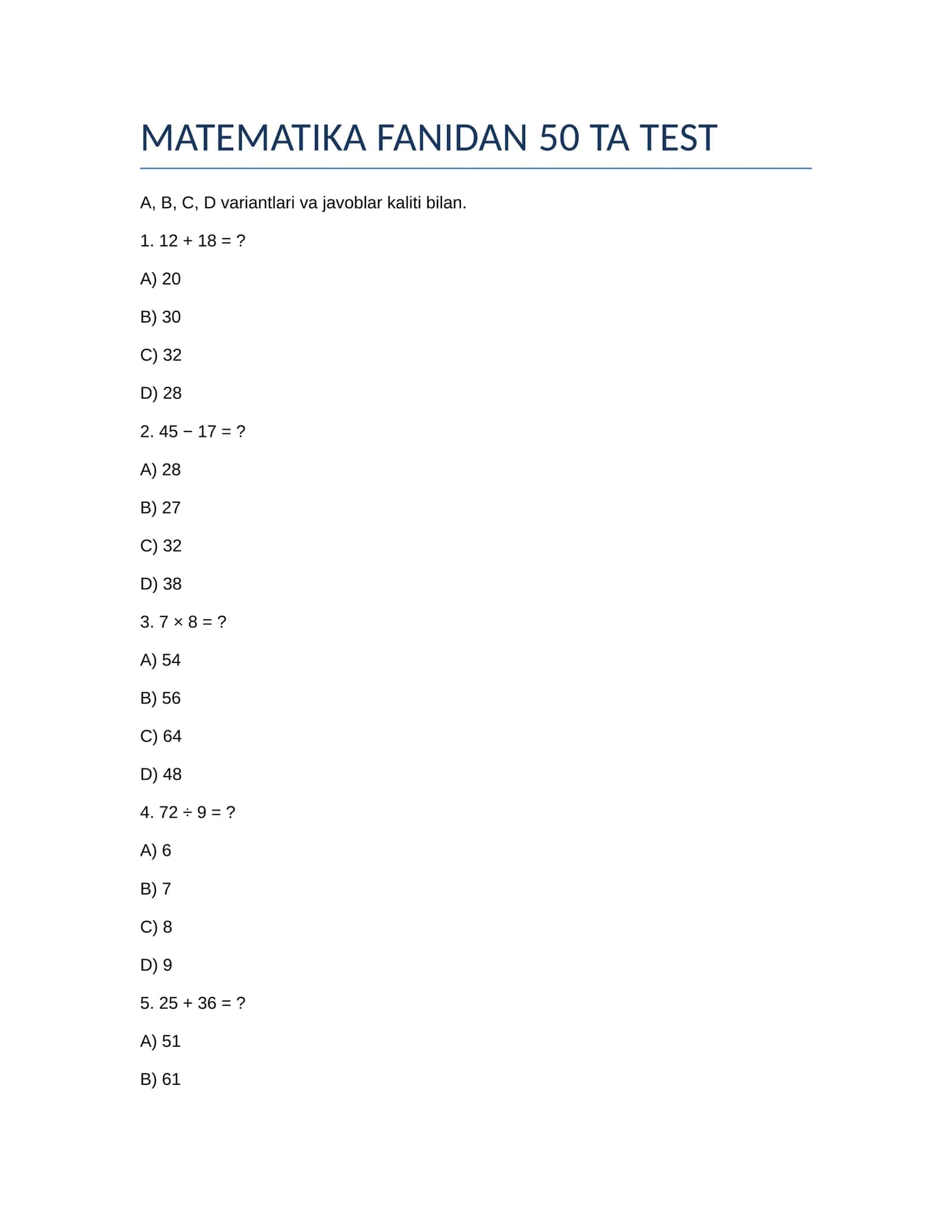 MATEMATIKA FANIDAN 50 TA TEST