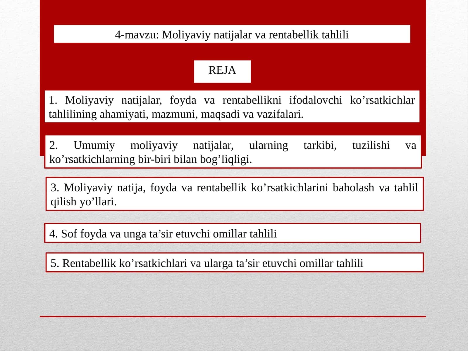 Moliyaviy natijalar va rentabellik tahlili