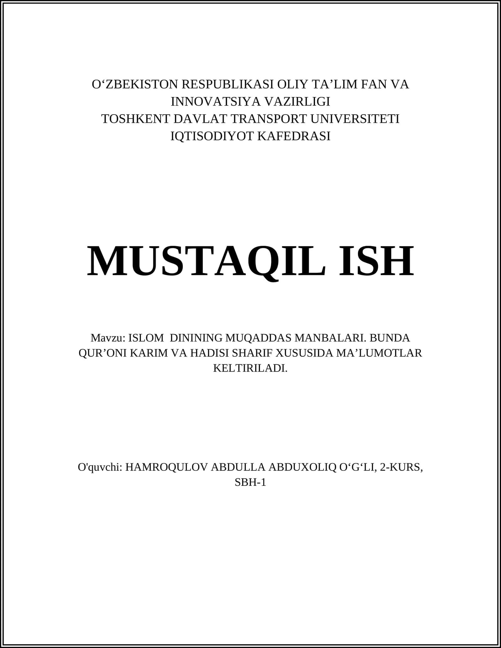 ISLOM DININING MUQADDAS MANBALARI