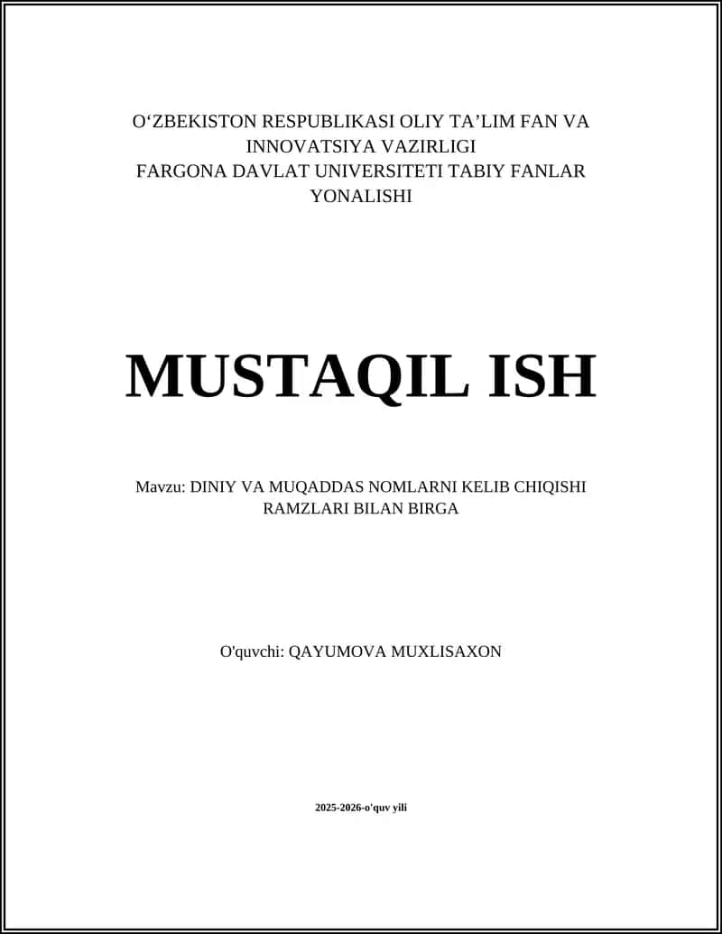 DINIY VA MUQADDAS NOMLARNI KELIB CHIQISHI RAMZLARI BILAN BIRGA