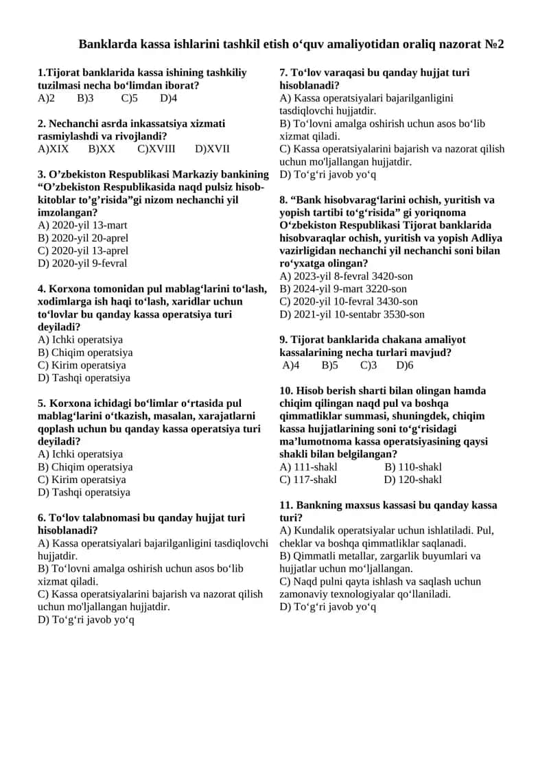 Banklarda kassa ishlari fanidan oraliq nazorat 2
