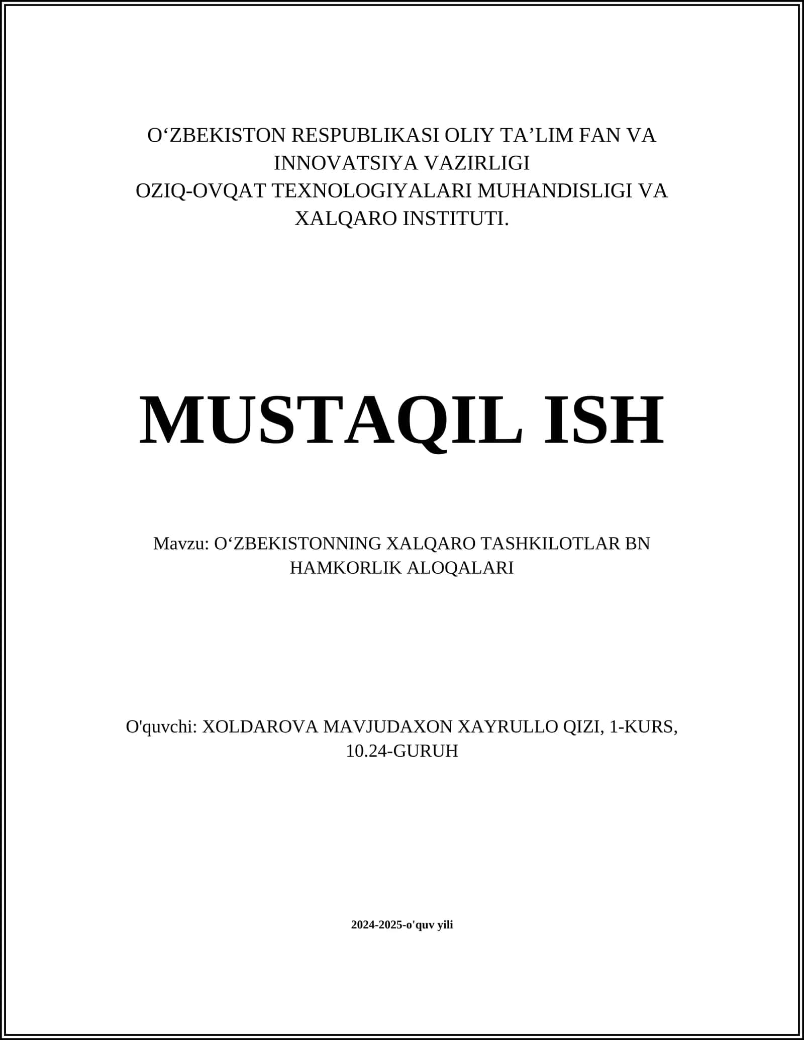 OʻZBEKISTONNING XALQARO TASHKILOTLAR BN HAMKORLIK ALOQALARI