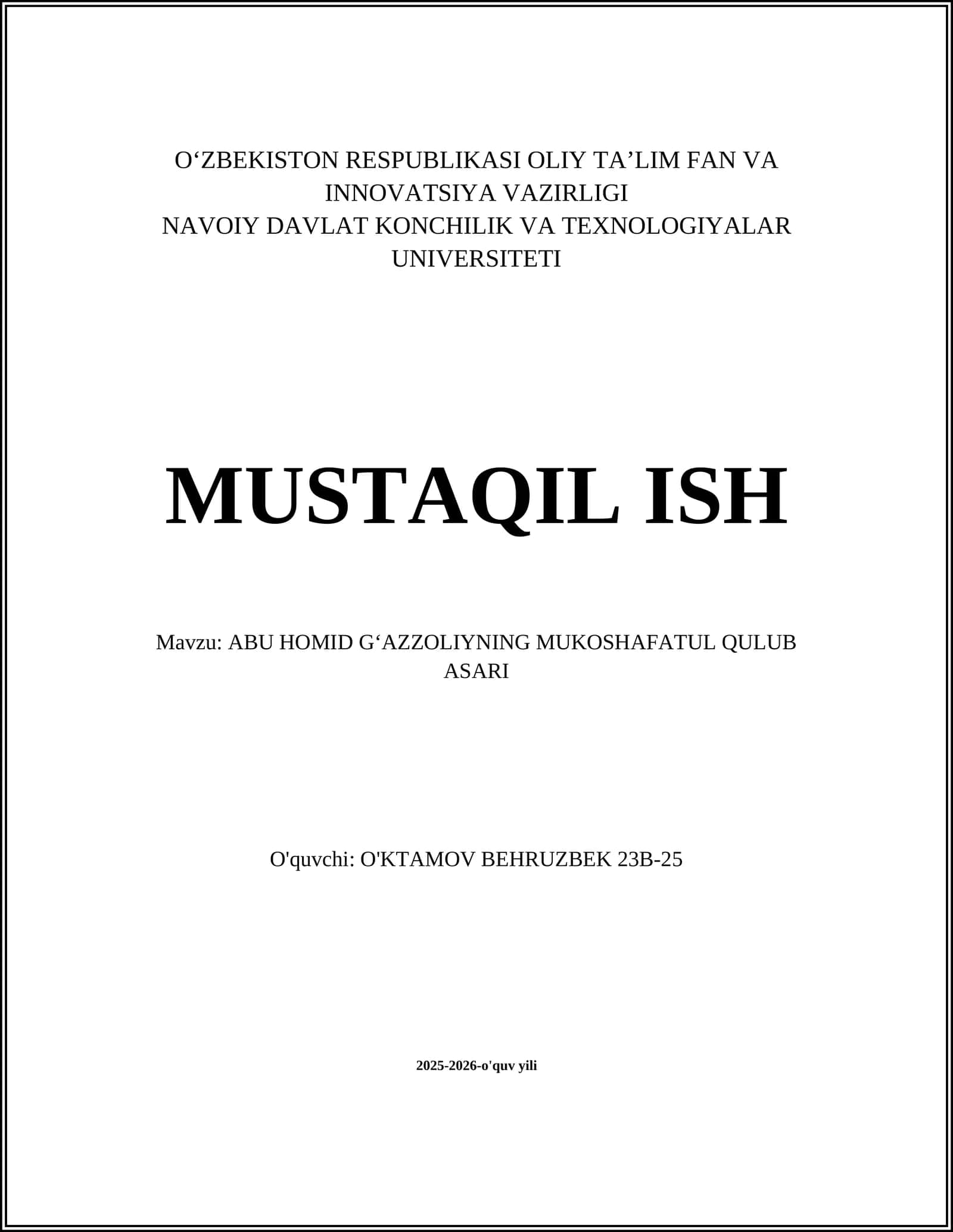 ABU HOMID GʻAZZOLIYNING MUKOSHAFATUL QULUB ASARI
