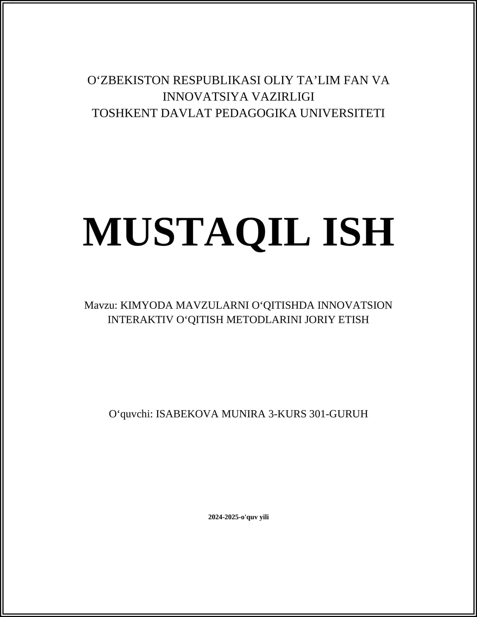 KIMYODA MAVZULARNI OʻQITISHDA INNOVATSION INTERAKTIV OʻQITISH METODLARINI JORIY ETISH