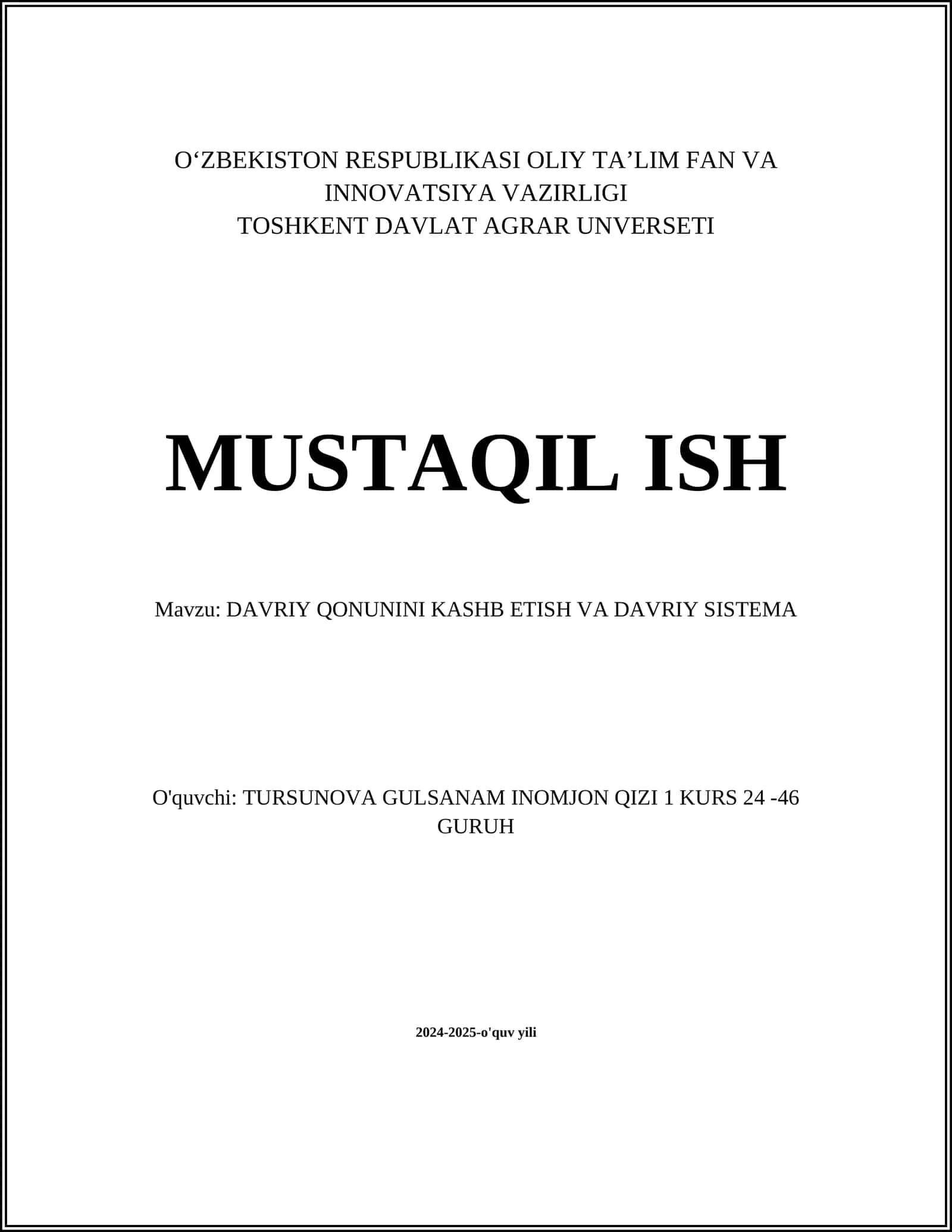 DAVRIY QONUNINI KASHB ETISH VA DAVRIY SISTEMA