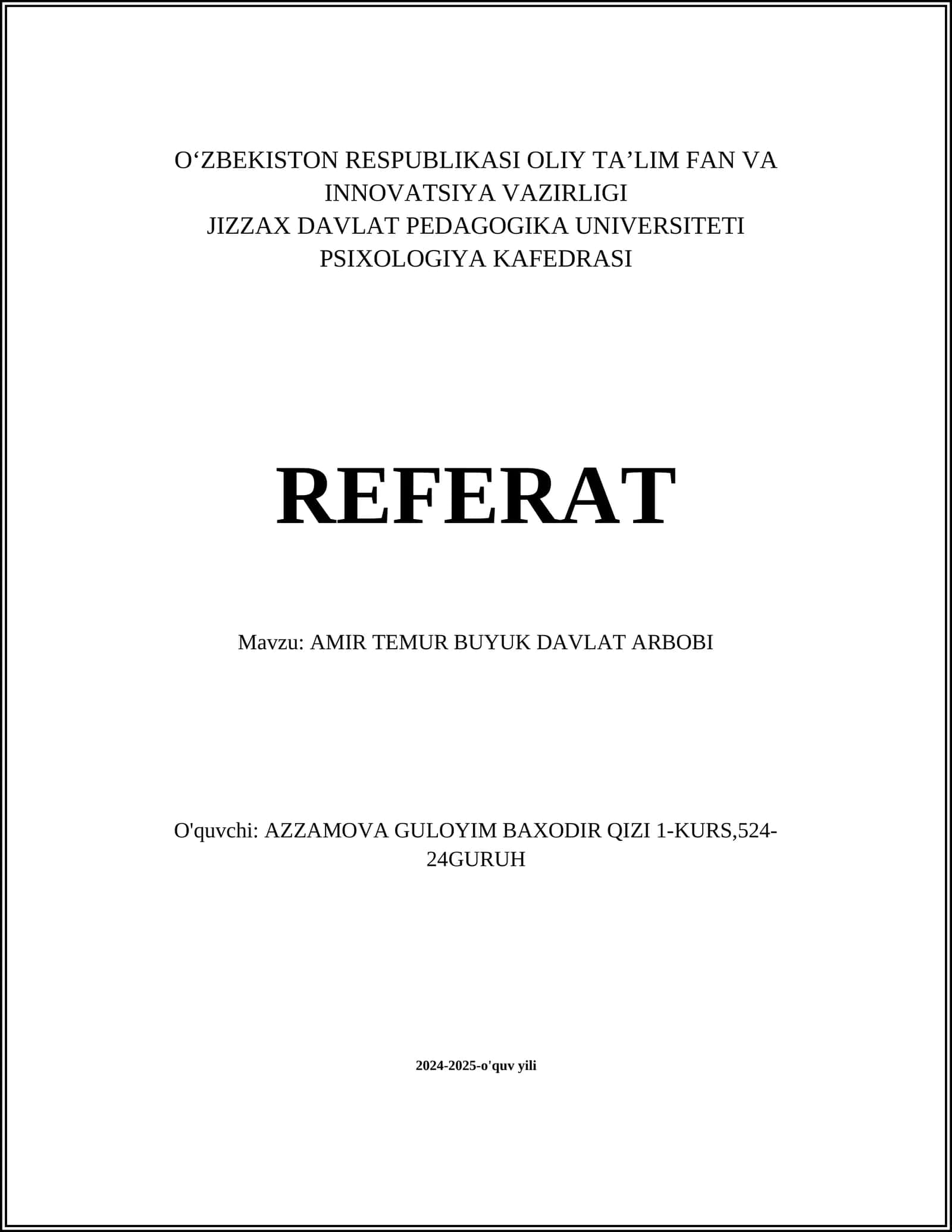 AMIR TEMUR BUYUK DAVLAT ARBOBI