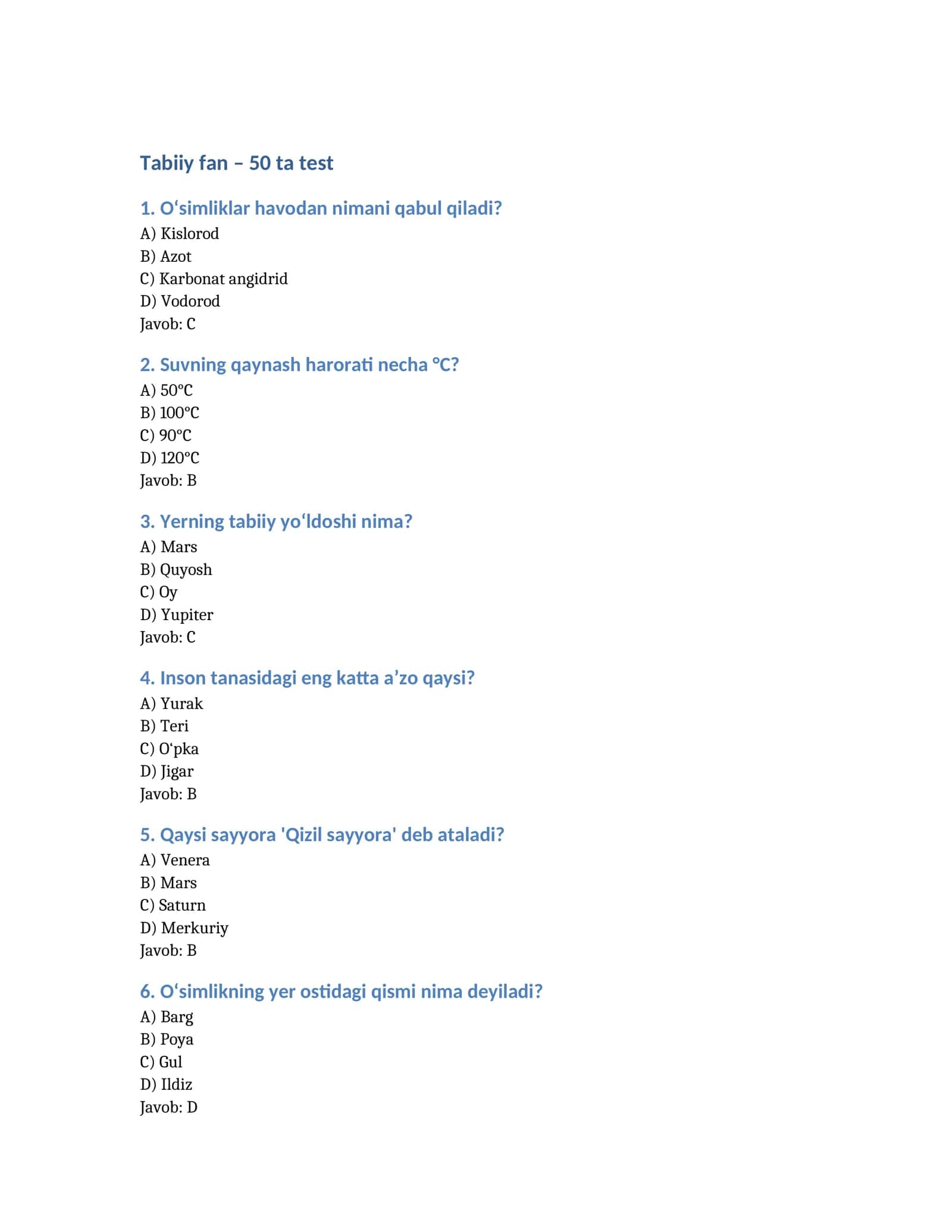 Tabiiy fan – 50 ta test