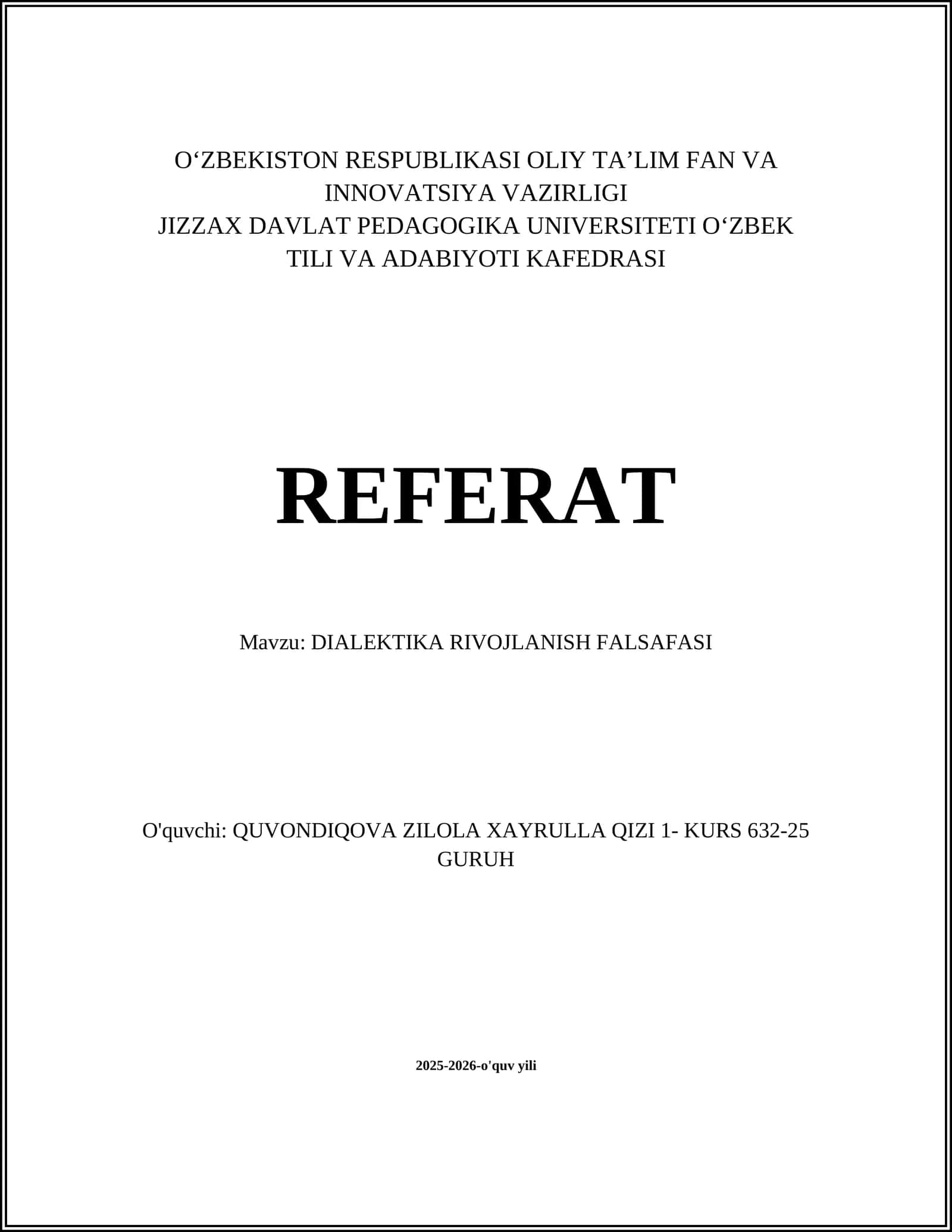DIALEKTIKA RIVOJLANISH FALSAFASI
