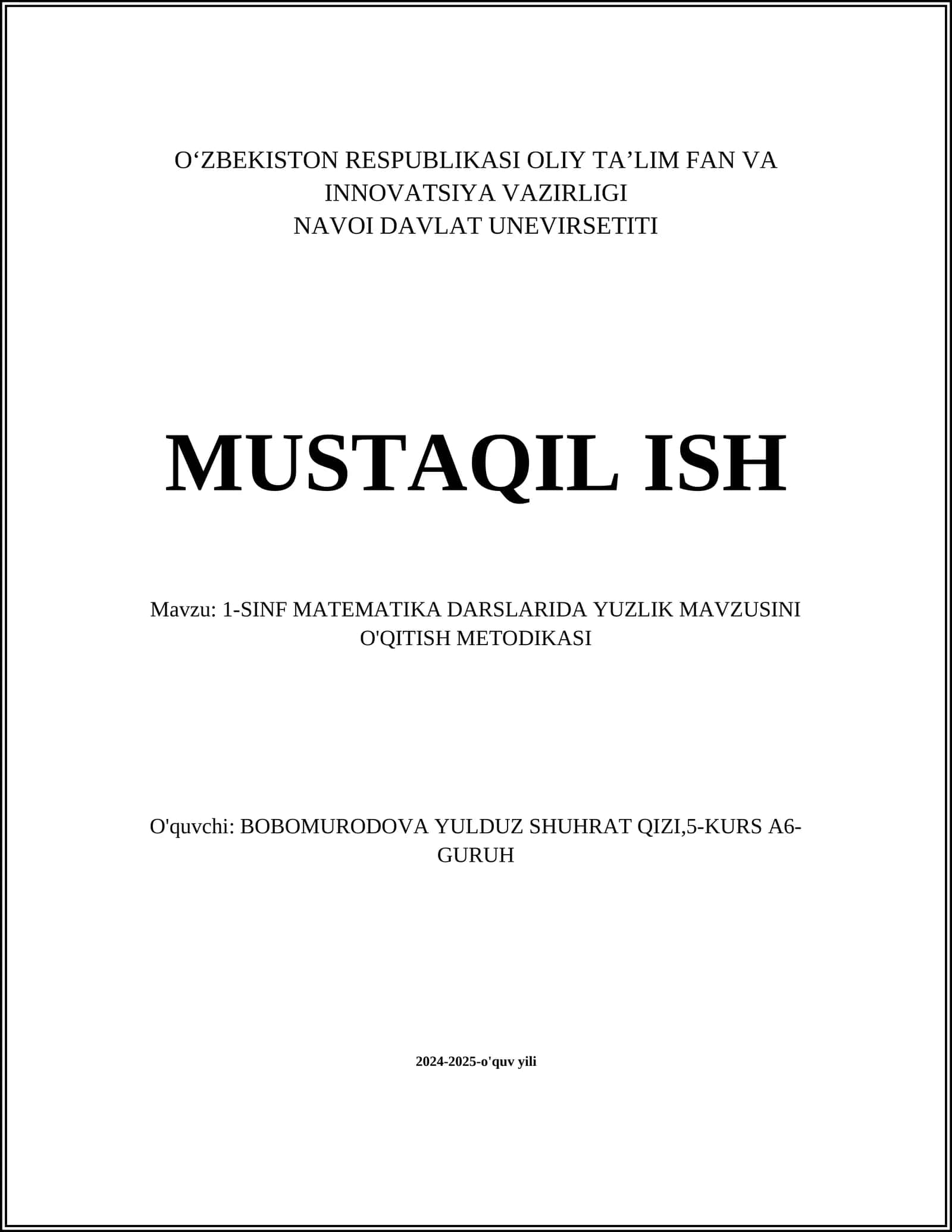 1-SINF MATEMATIKA DARSLARIDA YUZLIK MAVZUSINI O'QITISH METODIKASI