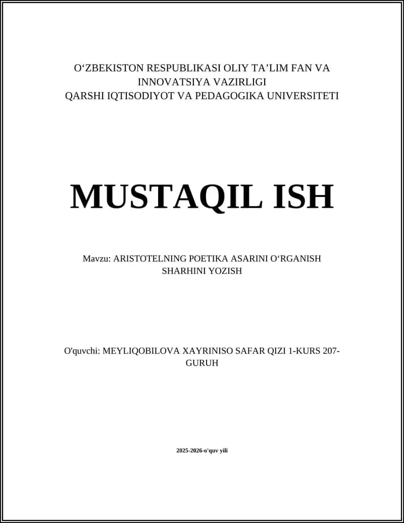 ARISTOTELNING POETIKA ASARINI OʻRGANISH SHARHINI YOZISH