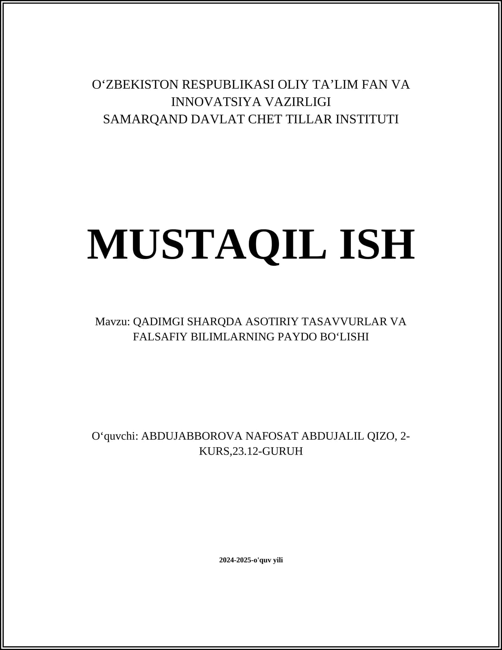 QADIMGI SHARQDA ASOTIRIY TASAVVURLAR VA FALSAFIY BILIMLARNING PAYDO BO‘LISHI
