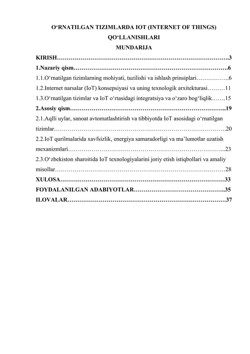 O‘RNATILGAN TIZIMLARDA IOT (INTERNET OF THINGS) QO‘LLANISHLARI