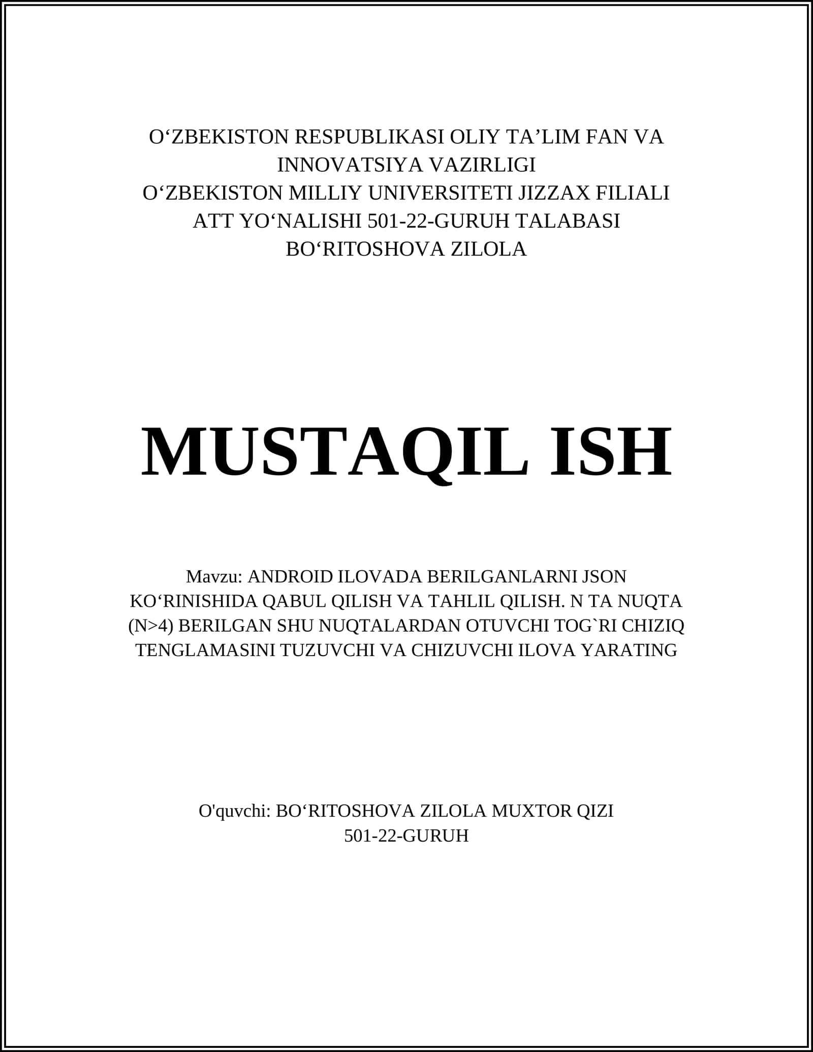 ANDROID ILOVADA BERILGANLARNI JSON KO‘RINISHIDA QABUL QILISH VA TAHLIL QILISH
