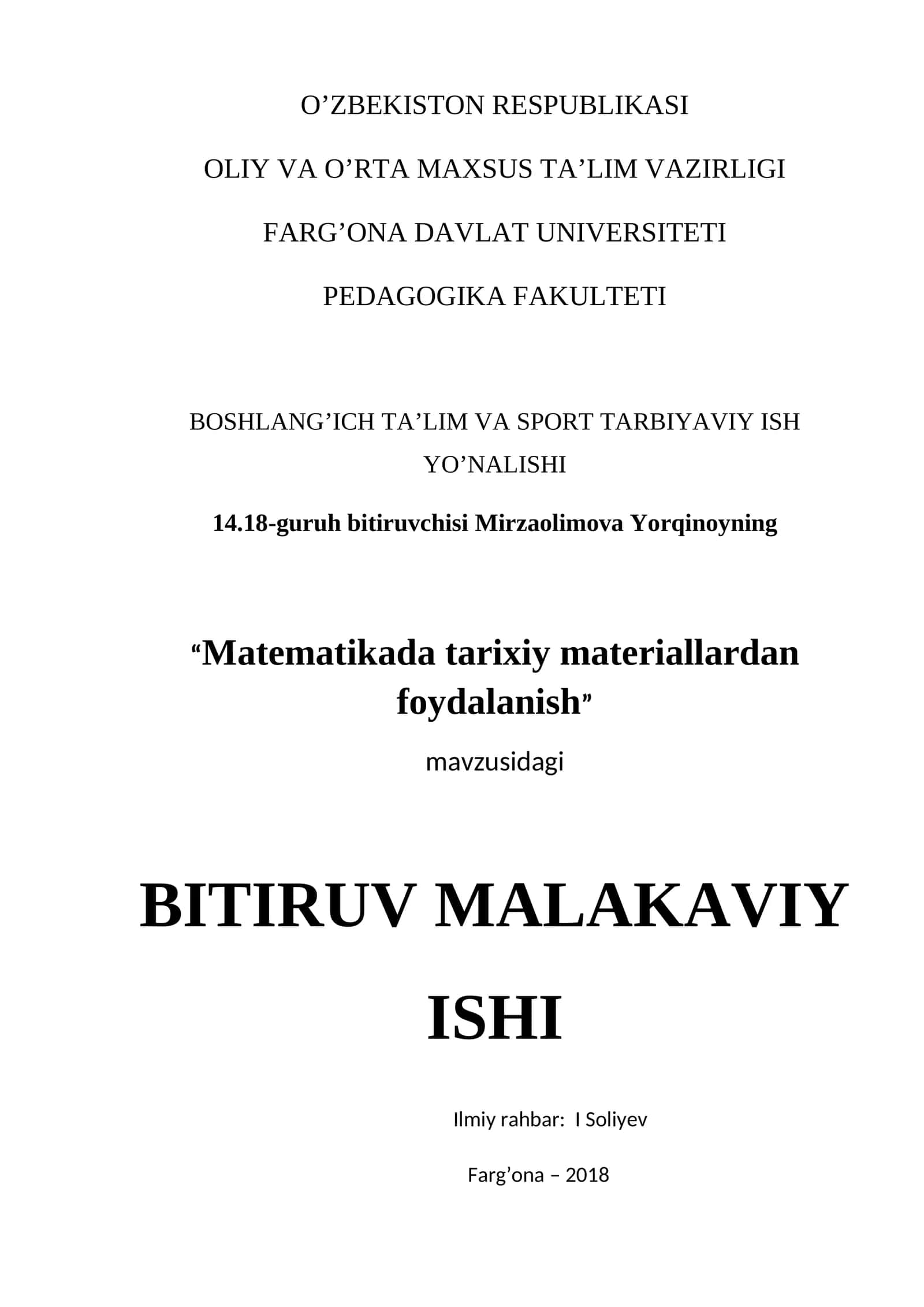 "Matematikada tarixiy materiallardan foydalanish" BITIRUV MALAKAVIY ISHI