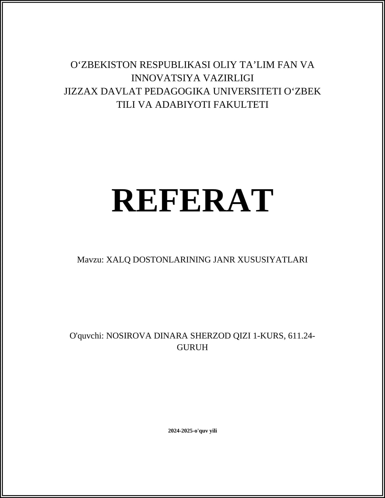 XALQ DOSTONLARINING JANR XUSUSIYATLARI