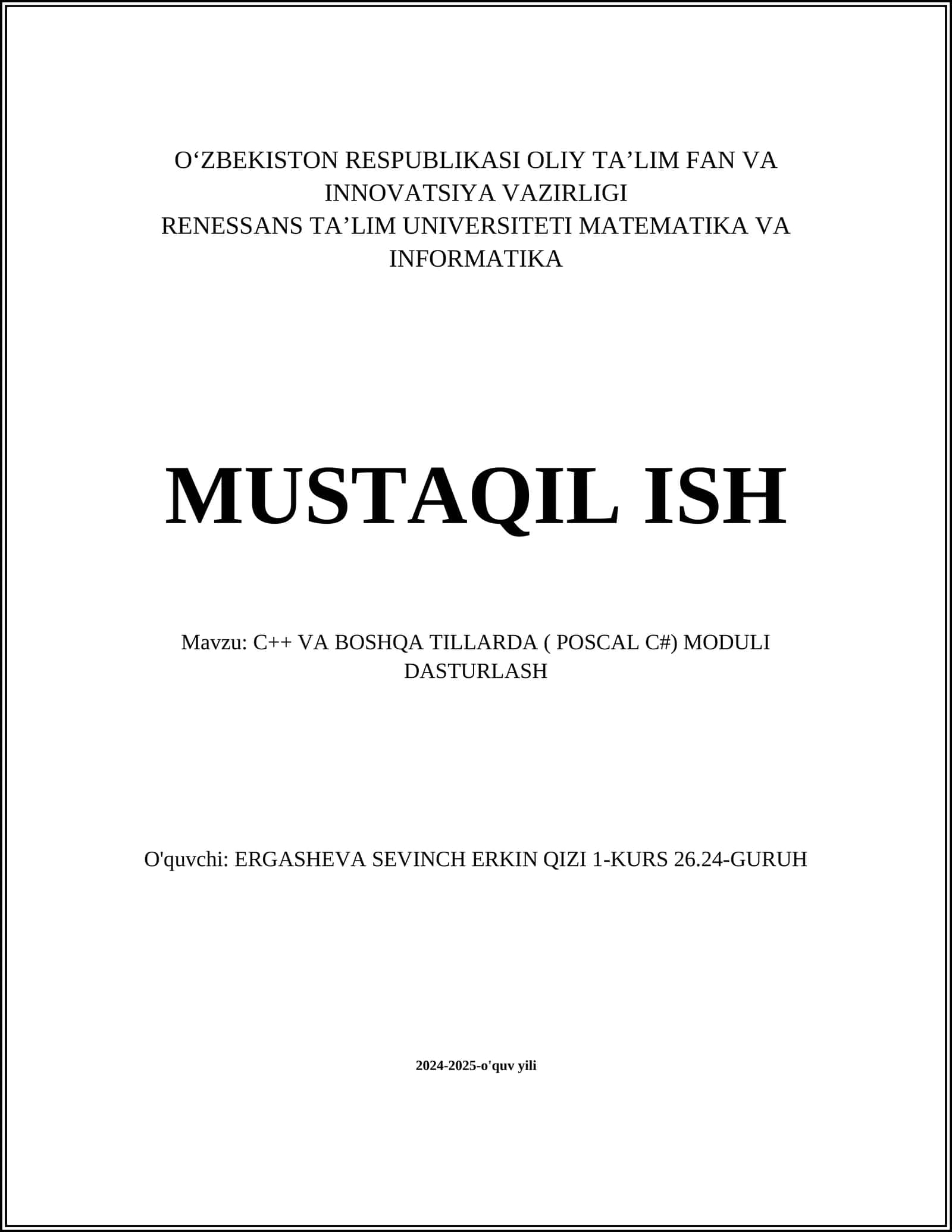C++ VA BOSHQA TILLARDA ( POSCAL C#) MODULI DASTURLASH