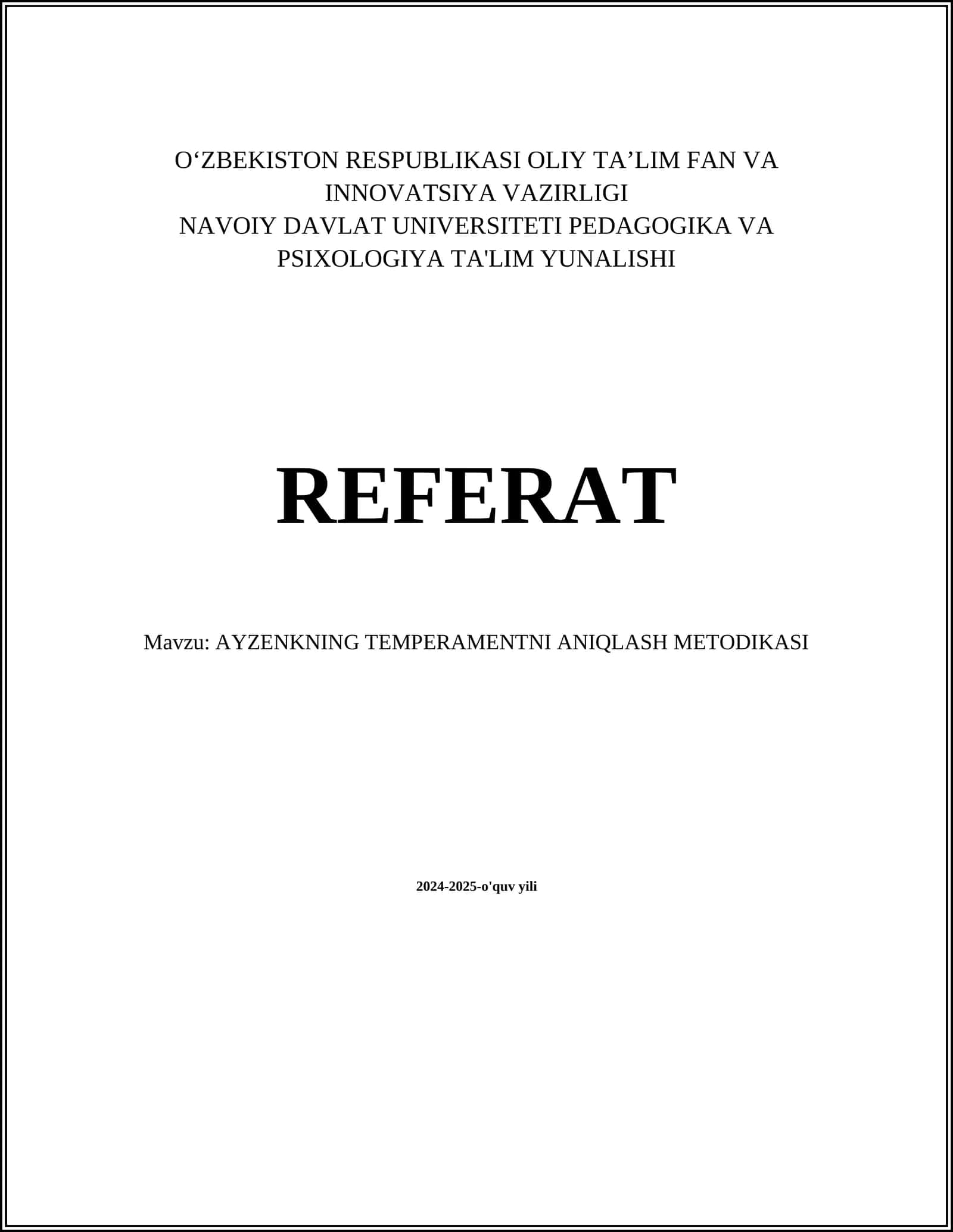 AYZENKNING TEMPERAMENTNI ANIQLASH METODIKASI