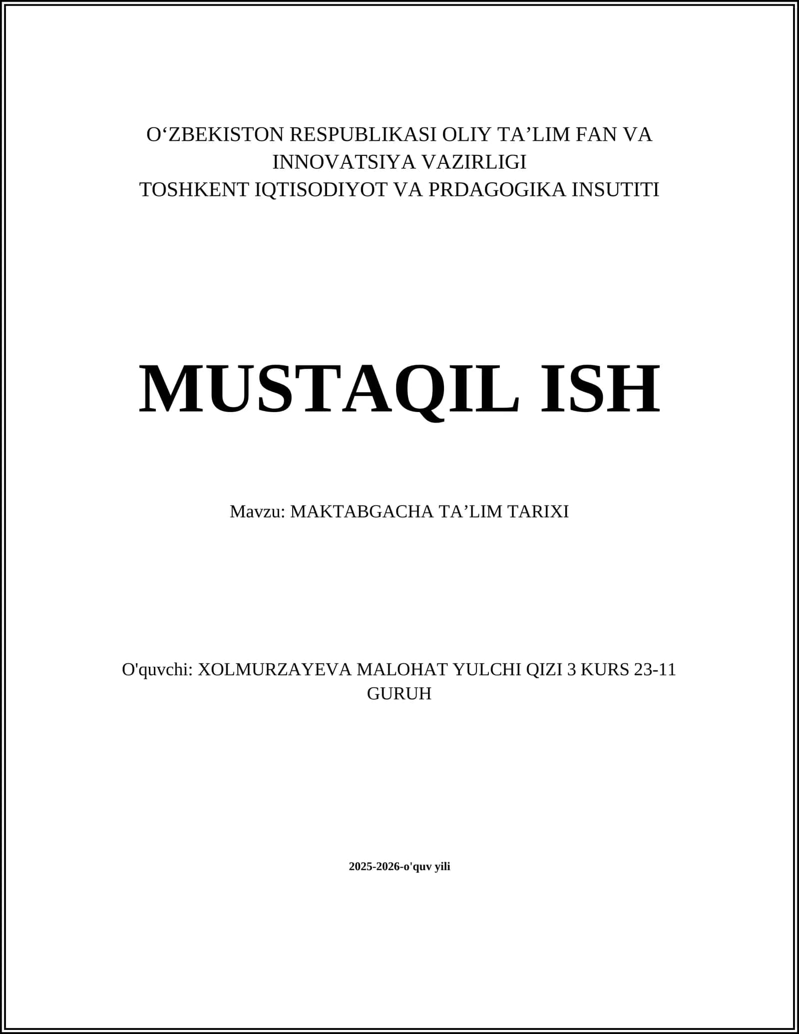 MAKTABGACHA TA’LIM TARIXI