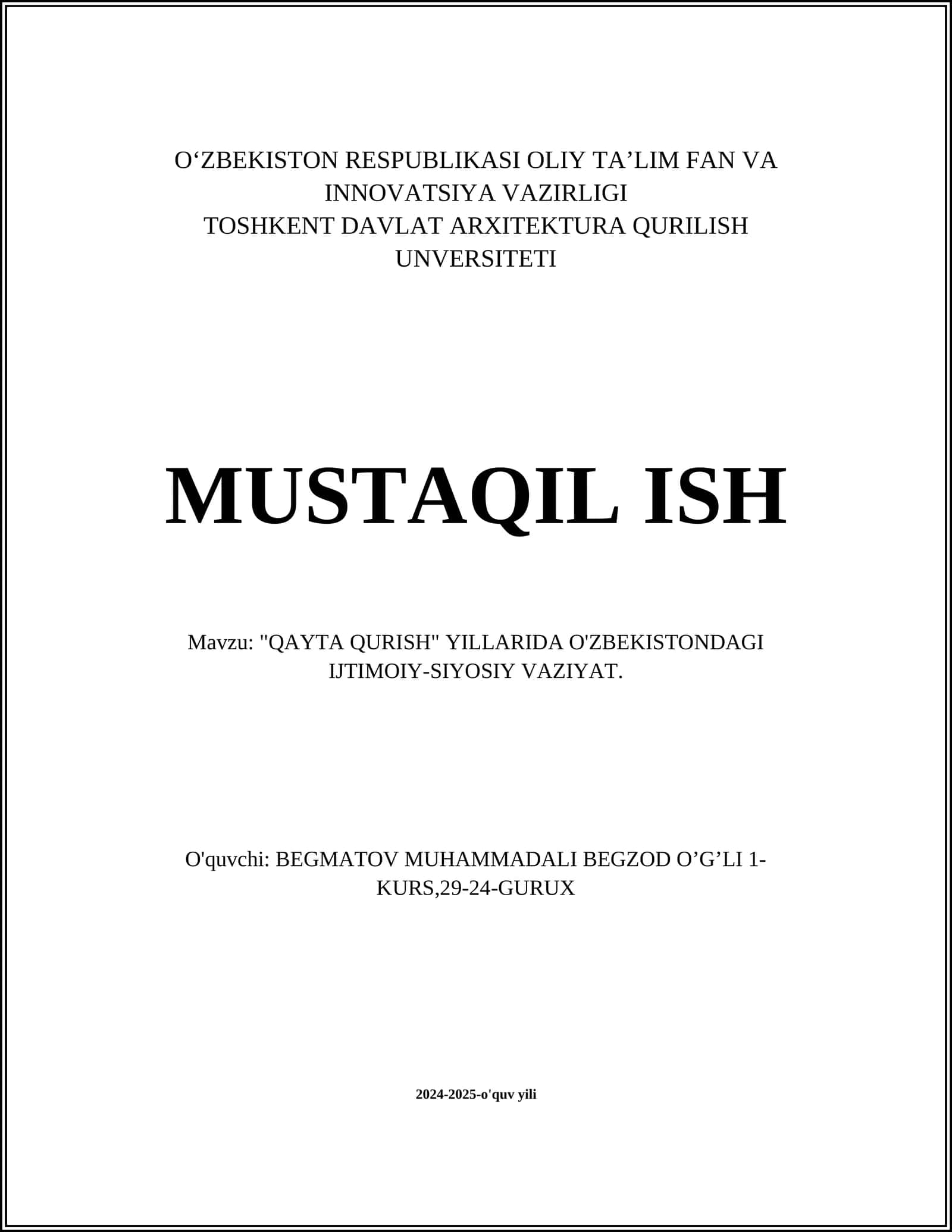 "QAYTA QURISH" YILLARIDA O'ZBEKISTONDAGI IJTIMOIY-SIYOSIY VAZIYAT