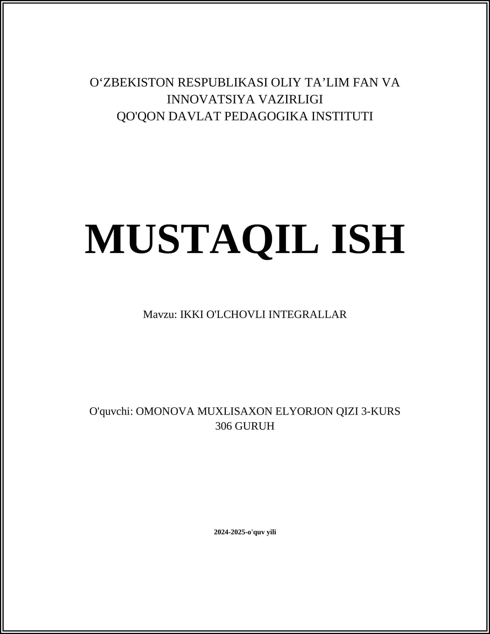 IKKI O'LCHOVLI INTEGRALLAR