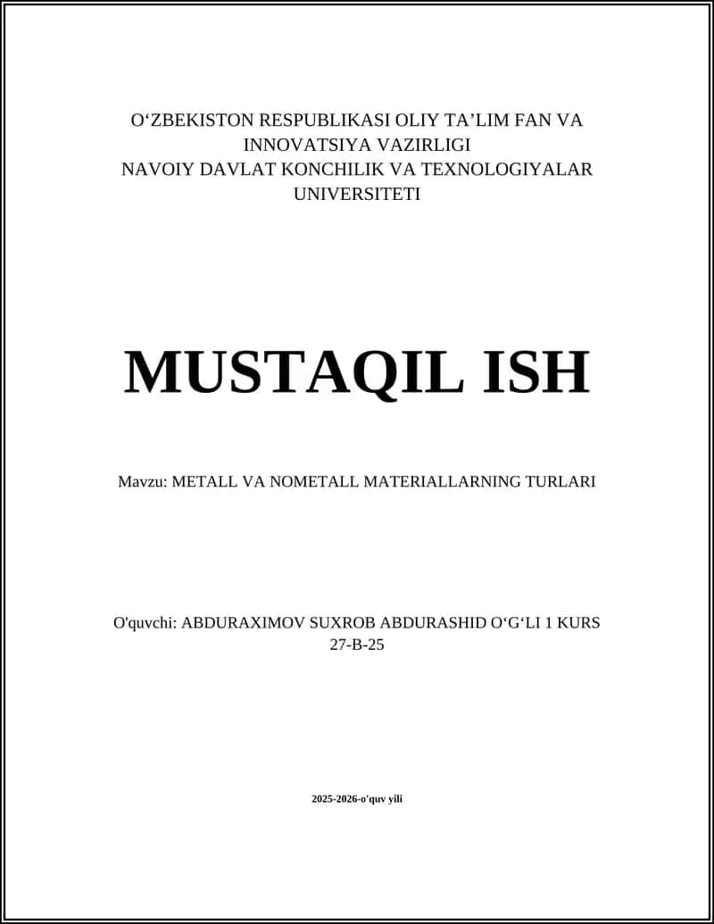 METALL VA NOMETALL MATERIALLARNING TURLARI