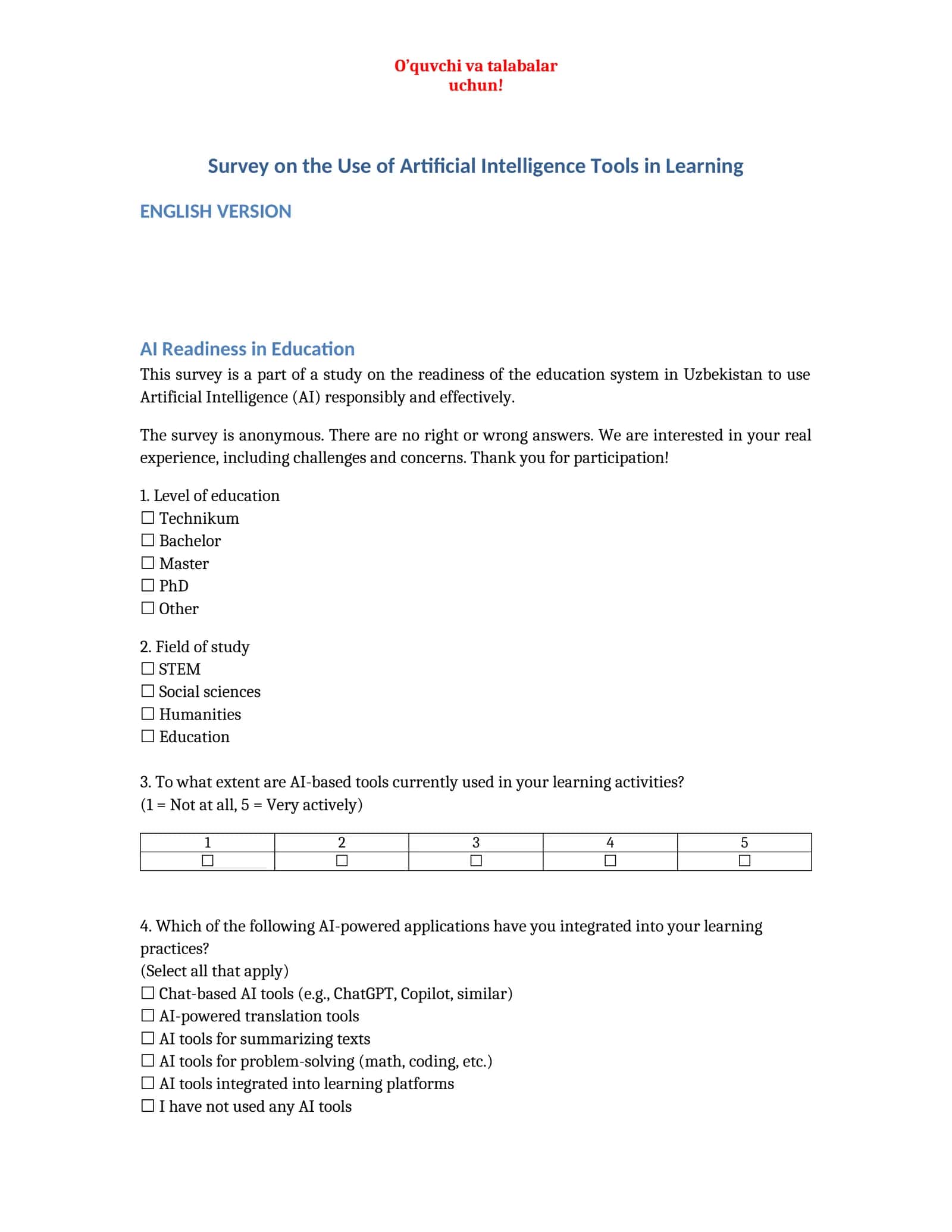 Survey on the Use of Artificial Intelligence Tools in Learning
