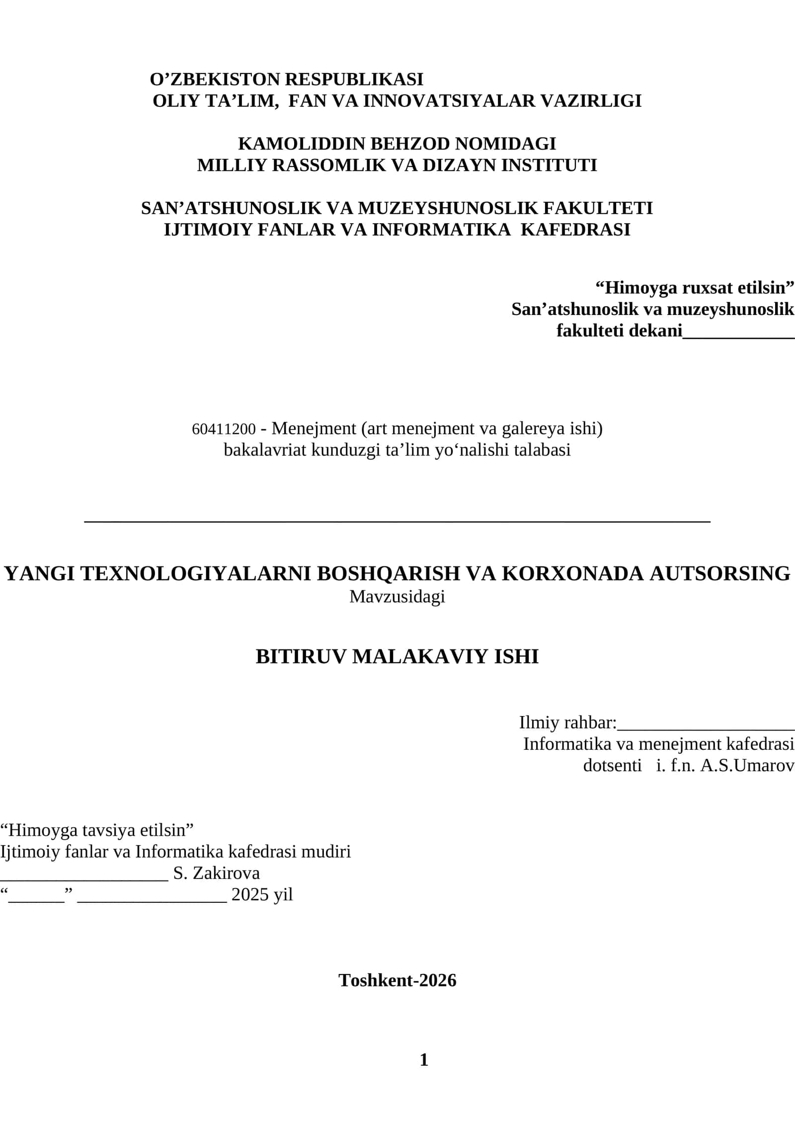 YANGI TEXNOLOGIYALARNI BOSHQARISH VA KORXONADA AUTSORSING
