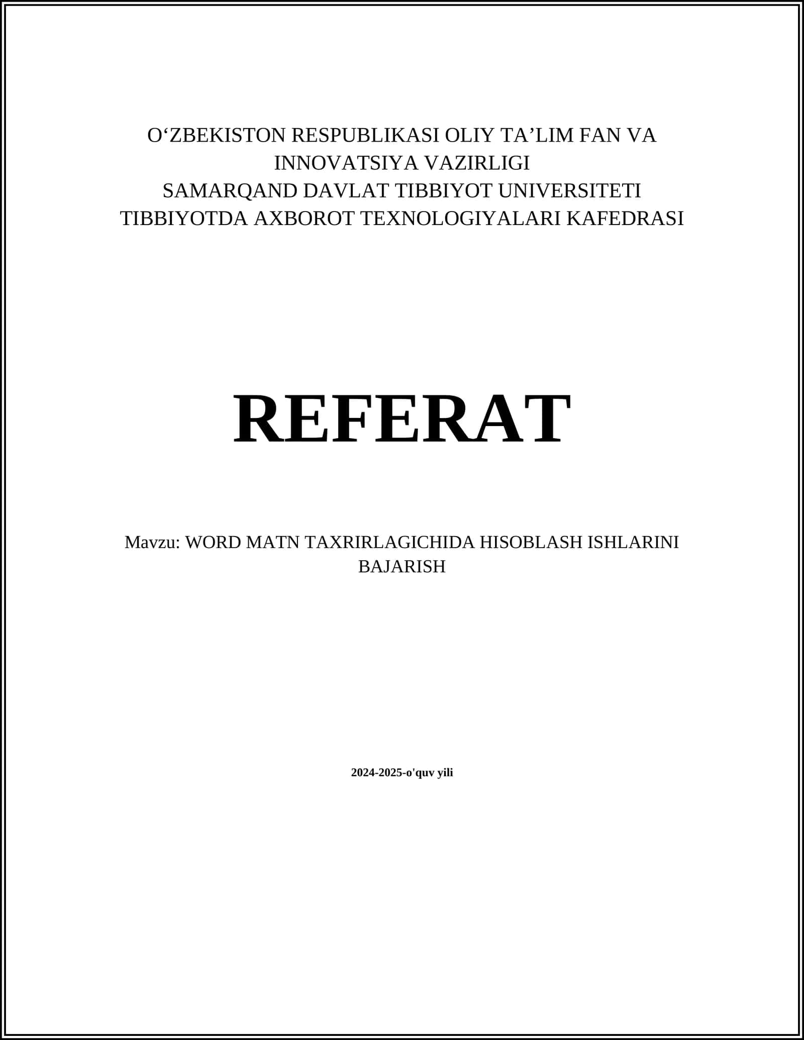 WORD MATN TAXRIRLAGICHIDA HISOBLASH ISHLARINI BAJARISH