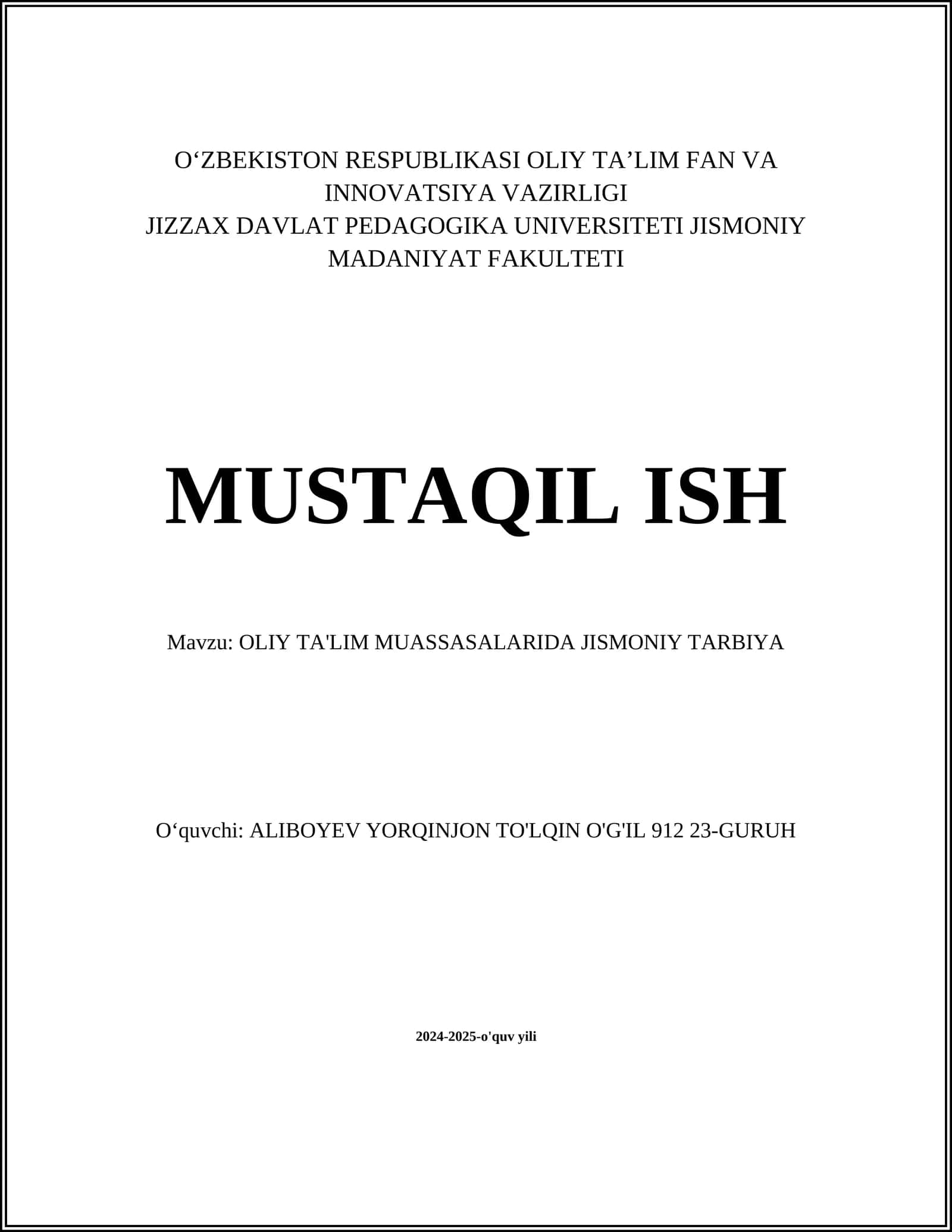 OLIY TA'LIM MUASSASALARIDA JISMONIY TARBIYA