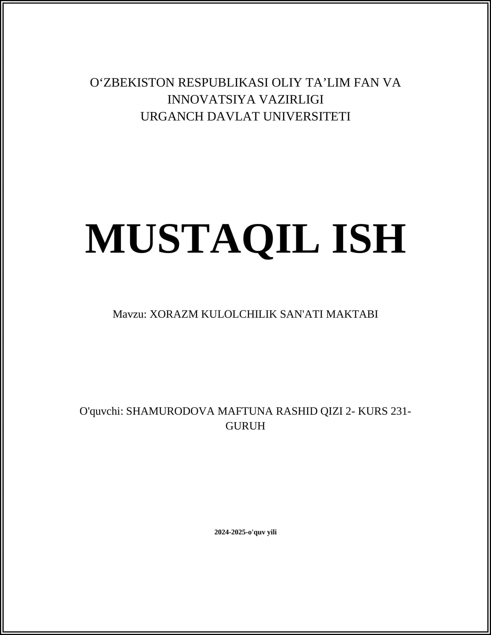 XORAZM KULOLCHILIK SAN'ATI MAKTABI