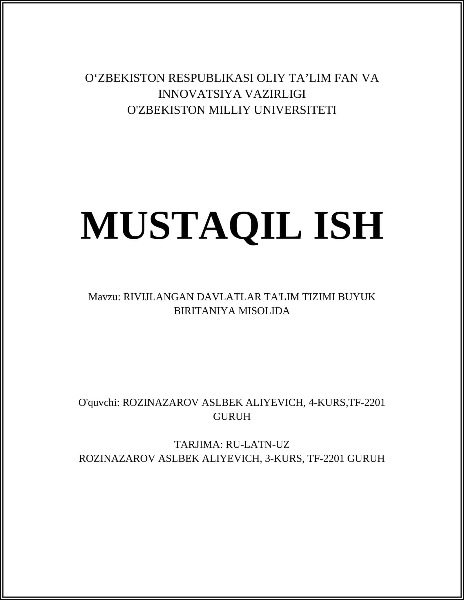 RIVIJLANGAN DAVLATLAR TA'LIM TIZIMI BUYUK BIRITANIYA MISOLIDA