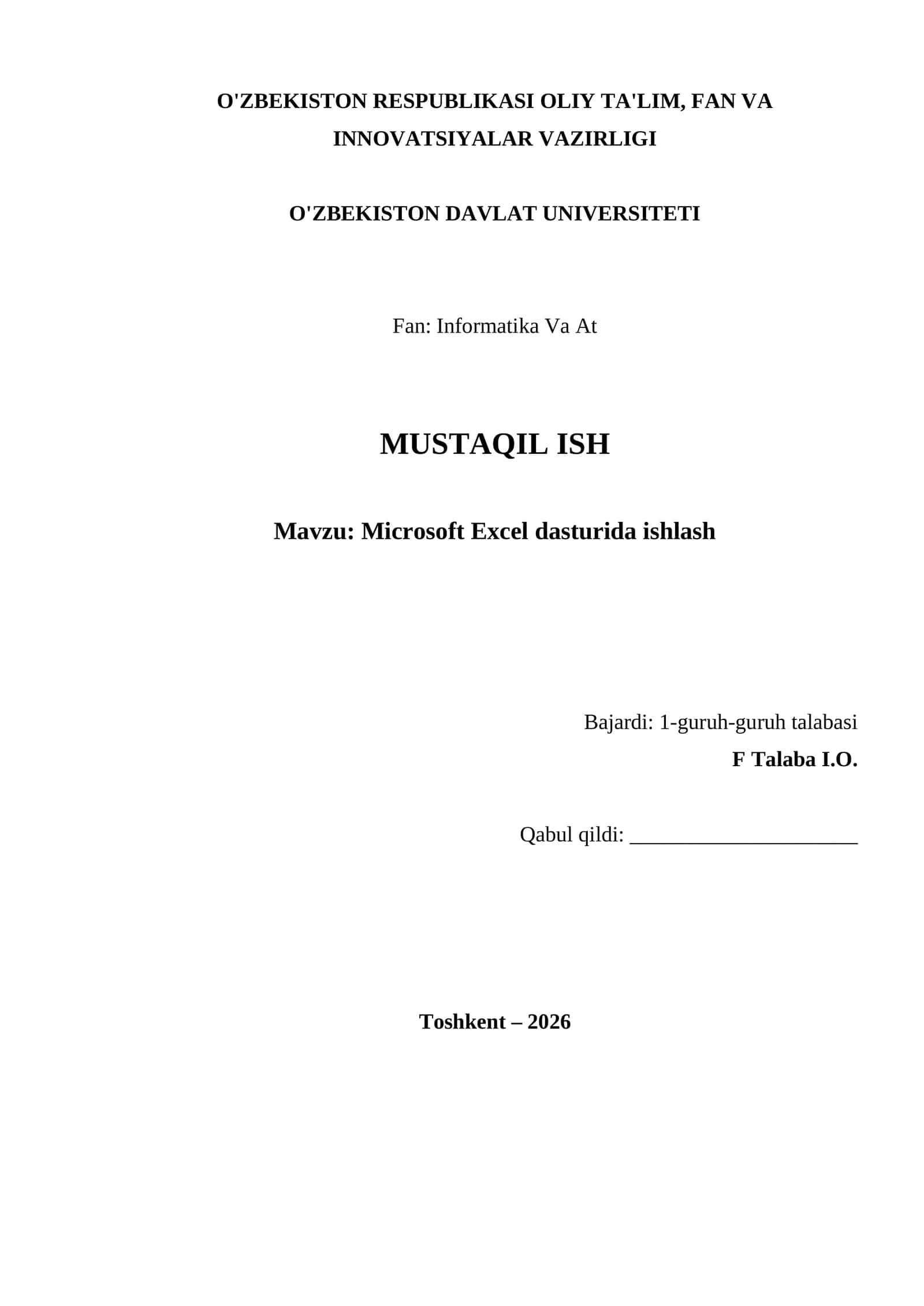Microsoft Excel dasturida ishlash