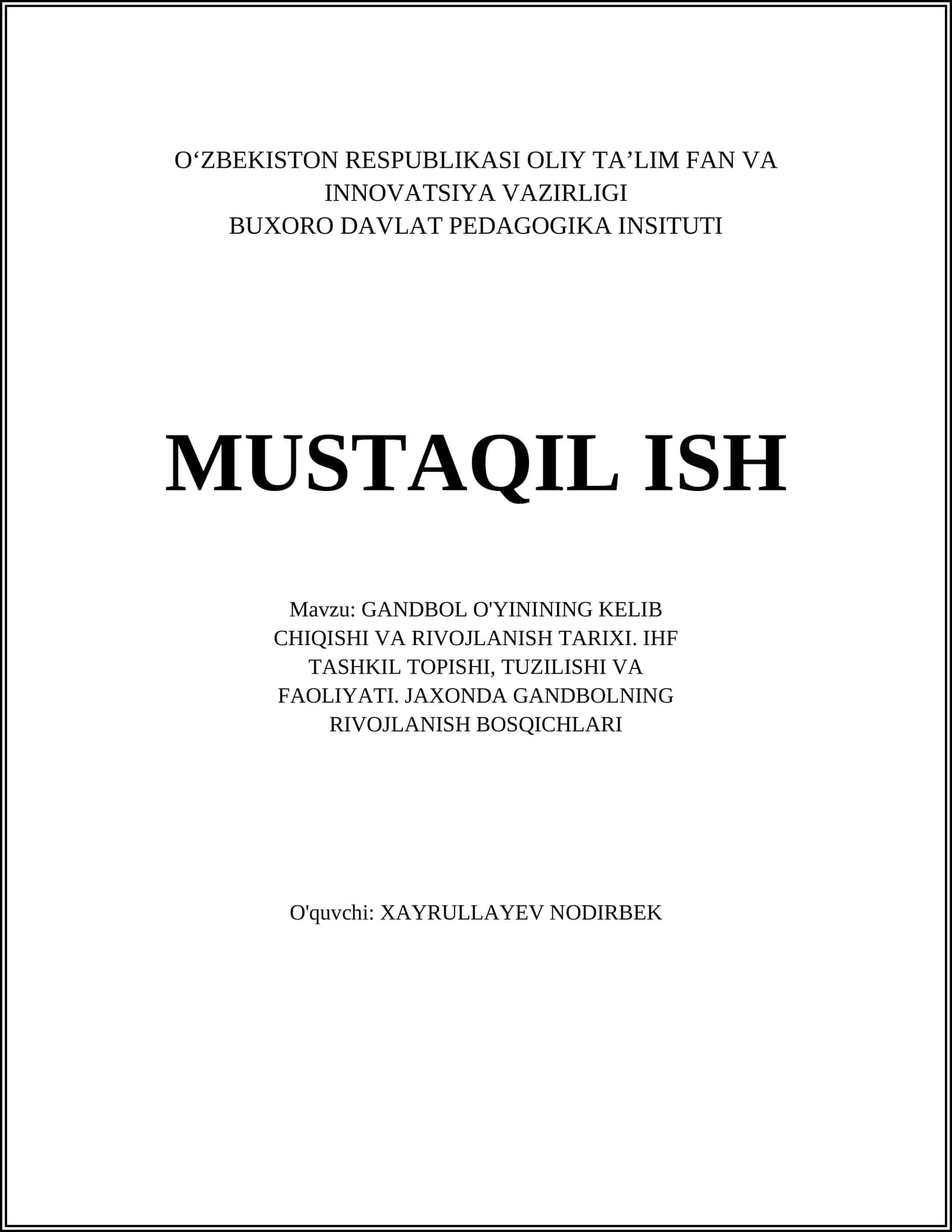 GANDBOL O'YININING KELIB CHIQISHI VA RIVOJLANISH TARIXI