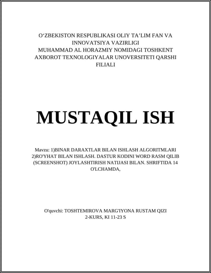 BINAR DARAXTLAR BILAN ISHLASH ALGORITMLARI